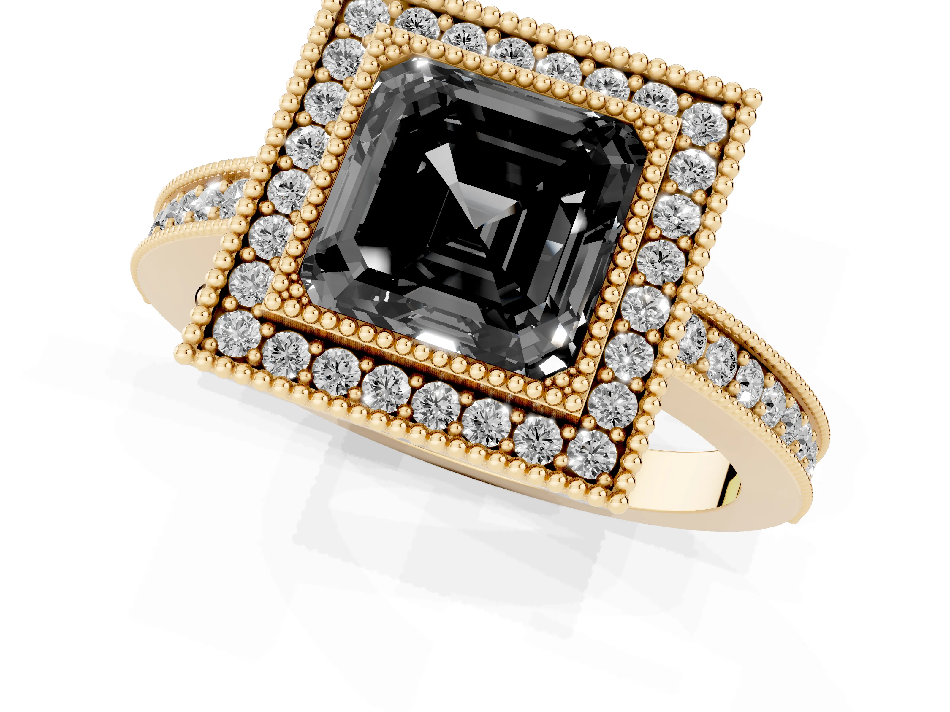 Fancy Black Asscher Cut Diamond Round Halo Ring Set in Yellow gold with Pavé Band