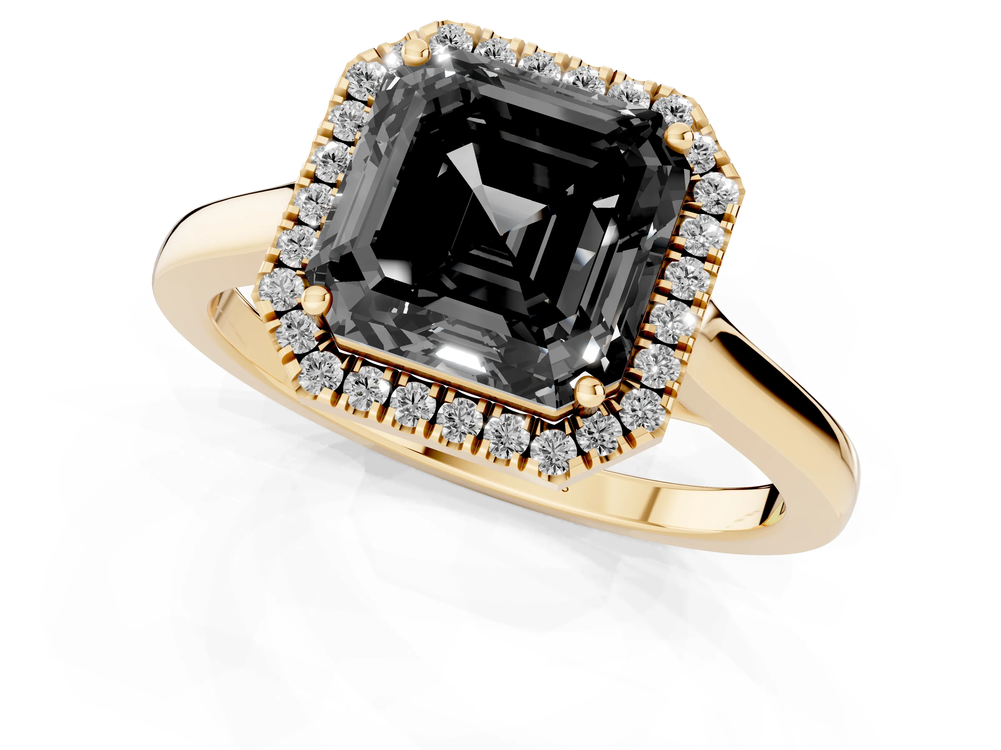 Fancy Black Asscher Cut Halo Round Diamond Solitaire Ring Set in Yellow gold with Pavé Band and Prong Setting