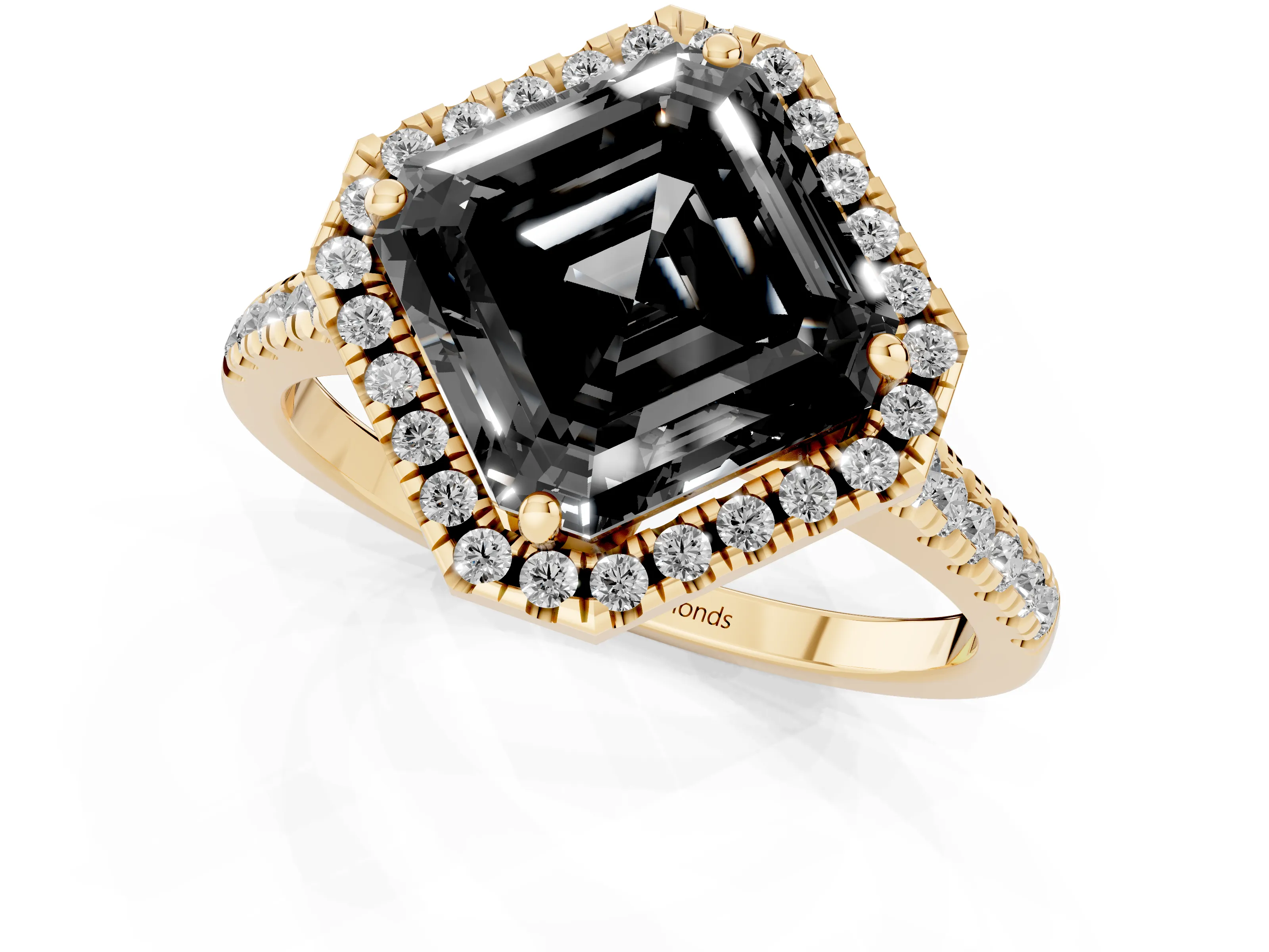 Fancy Black Asscher Cut Diamond Cushion Halo Ring Set in Yellow gold with Pavé Band
