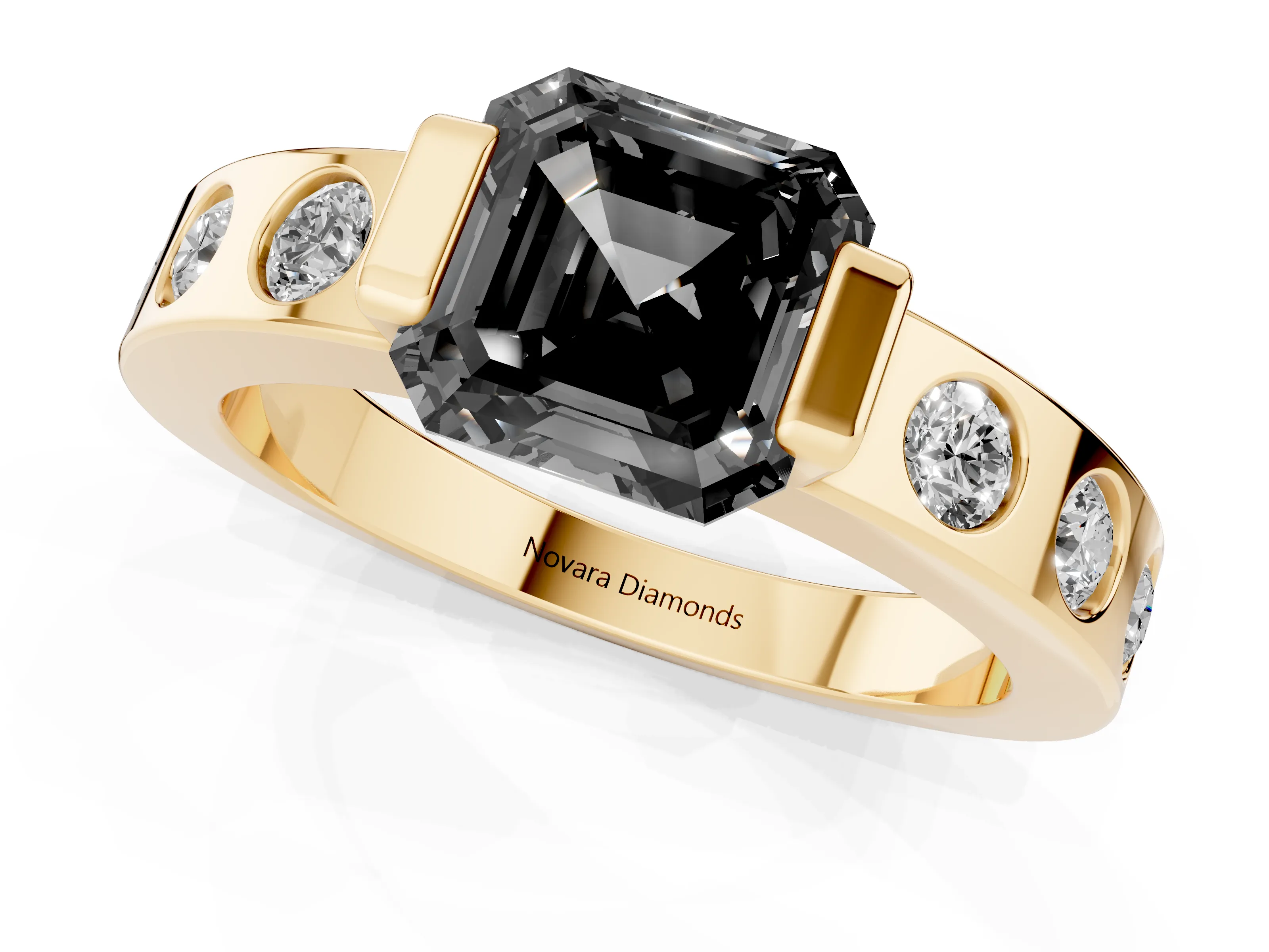 Fancy Black Asscher Cut Diamond Channel-Set Band Ring Set in Yellow gold with Bezel Prong Setting