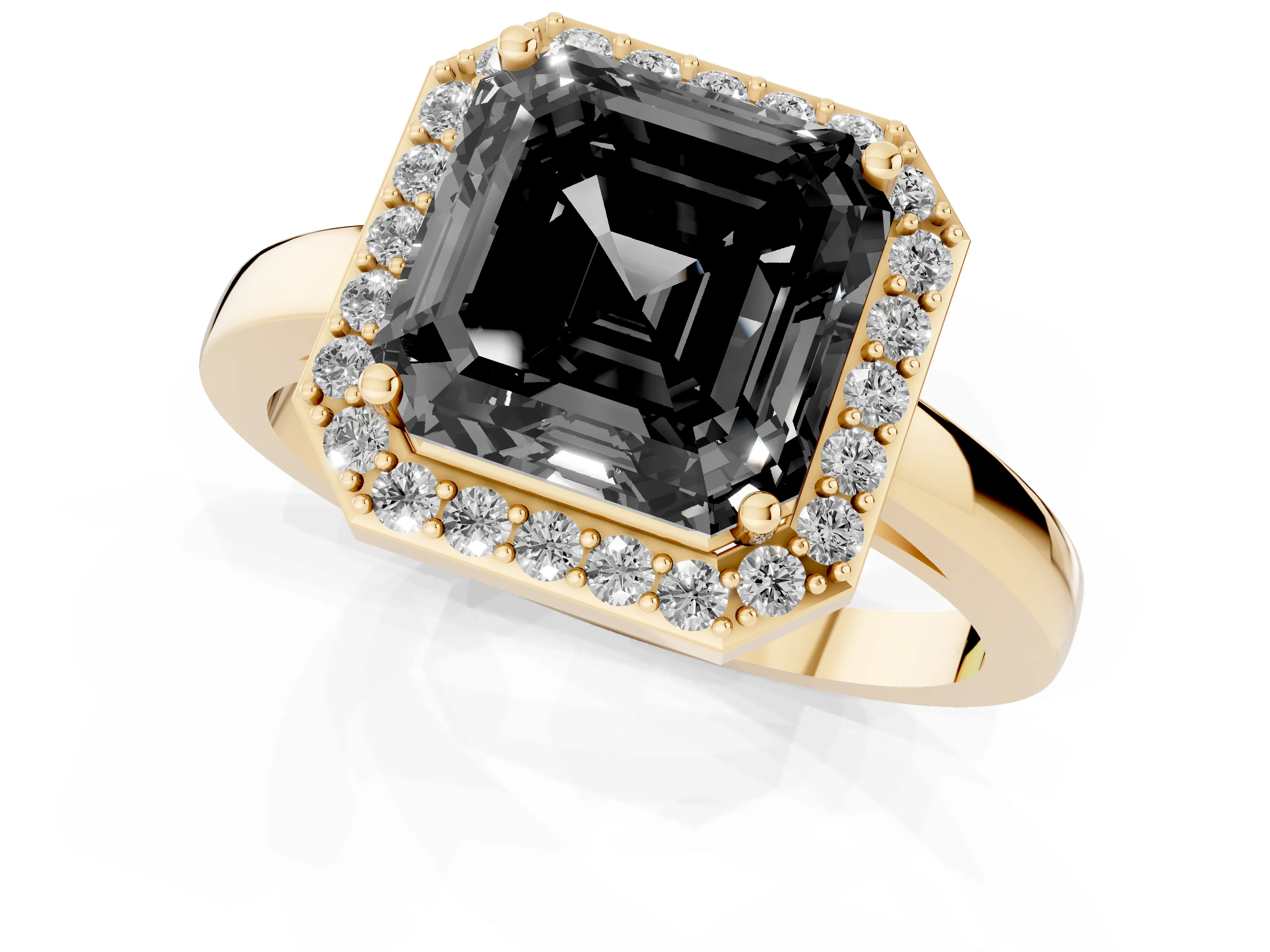 Fancy Black Asscher Cut Diamond Halo Ring Set in Yellow gold with Solitaire Band and Prong Setting