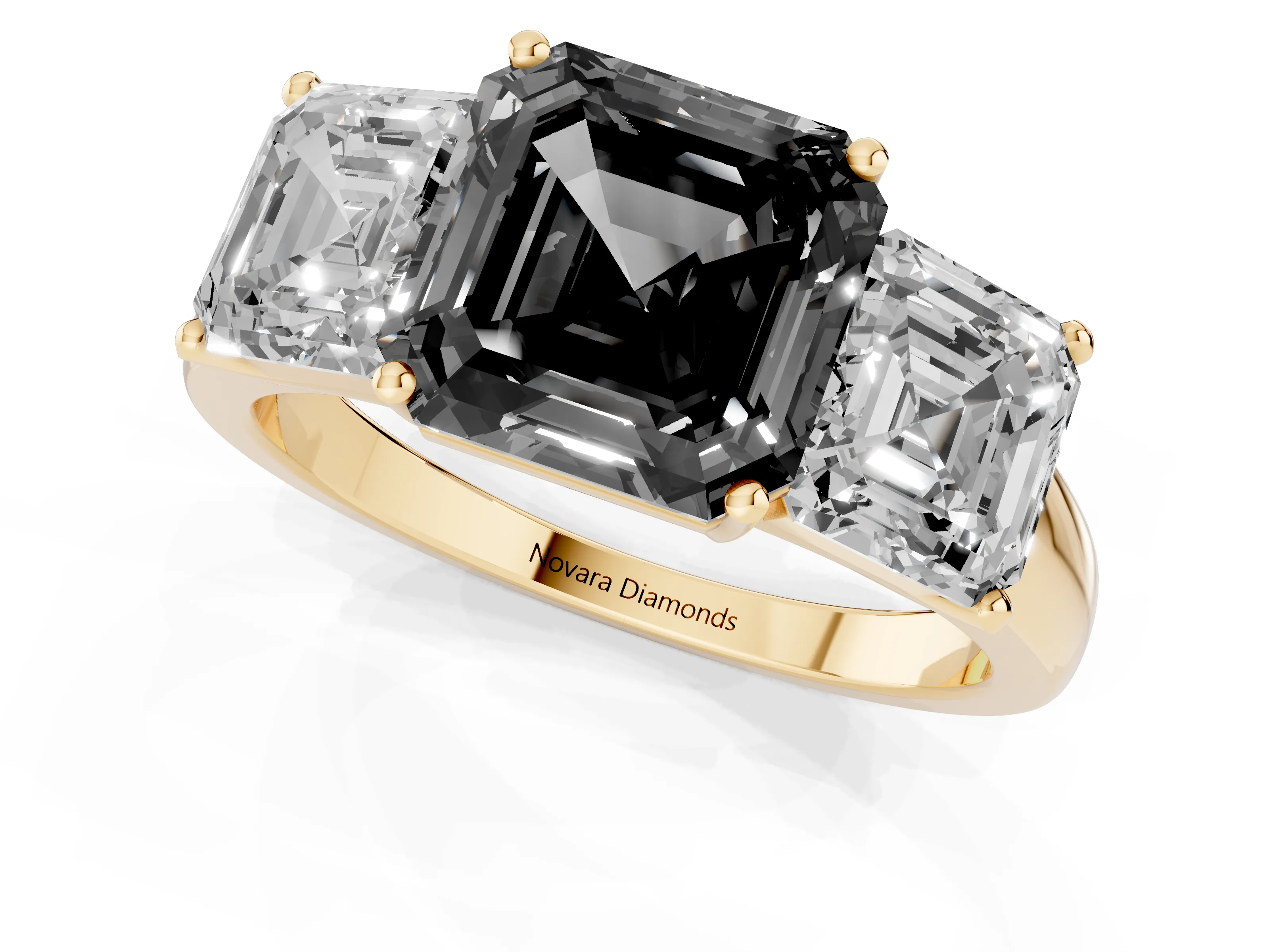 Fancy Black Asscher Cut Diamond Three-Stone Ring Set in Yellow gold with Classic Prong Setting and Plain Band