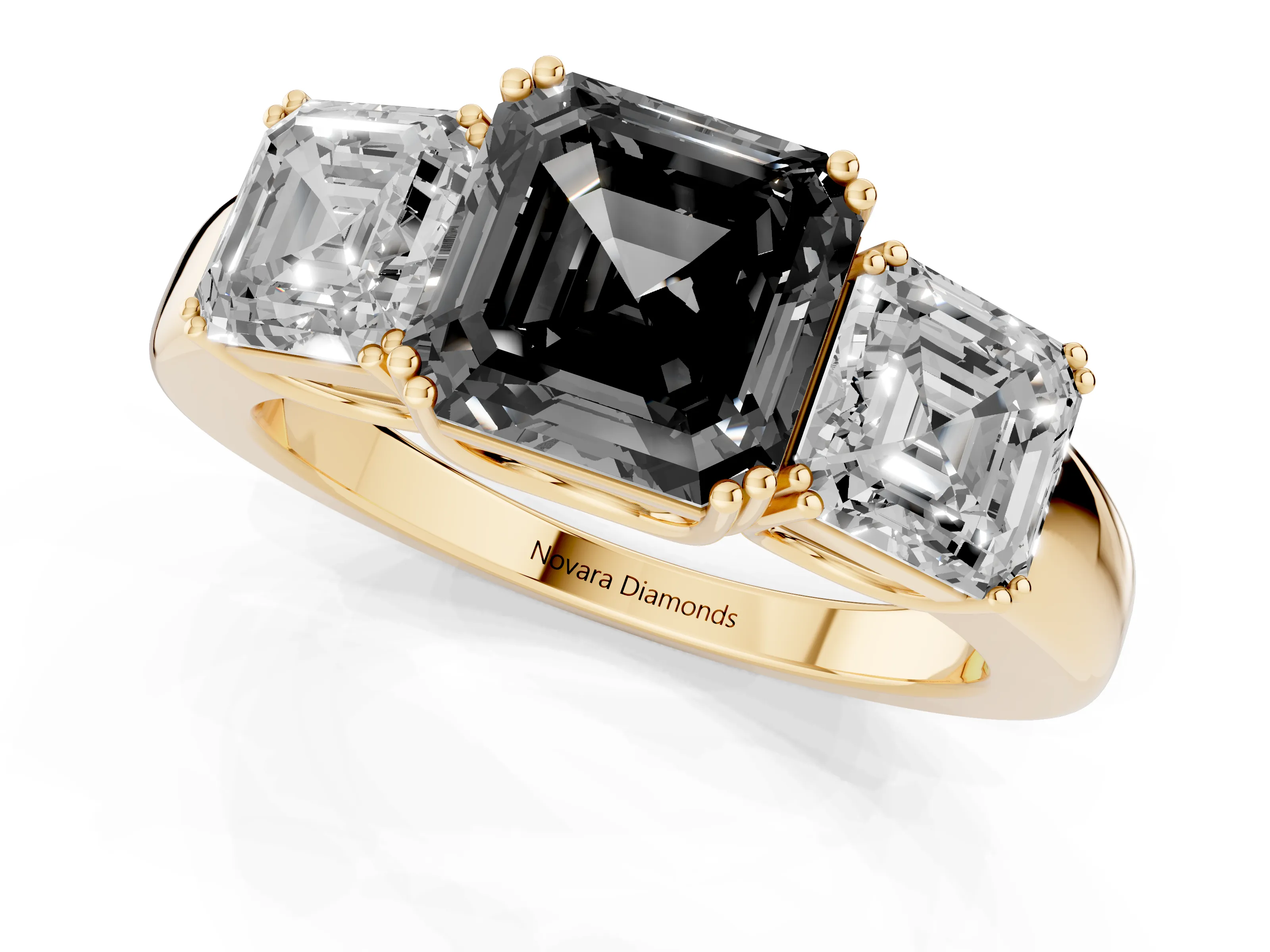 Fancy Black Asscher Cut Diamond Three-Stone Ring Set in Yellow gold with Polished Band and Prong Setting – second view