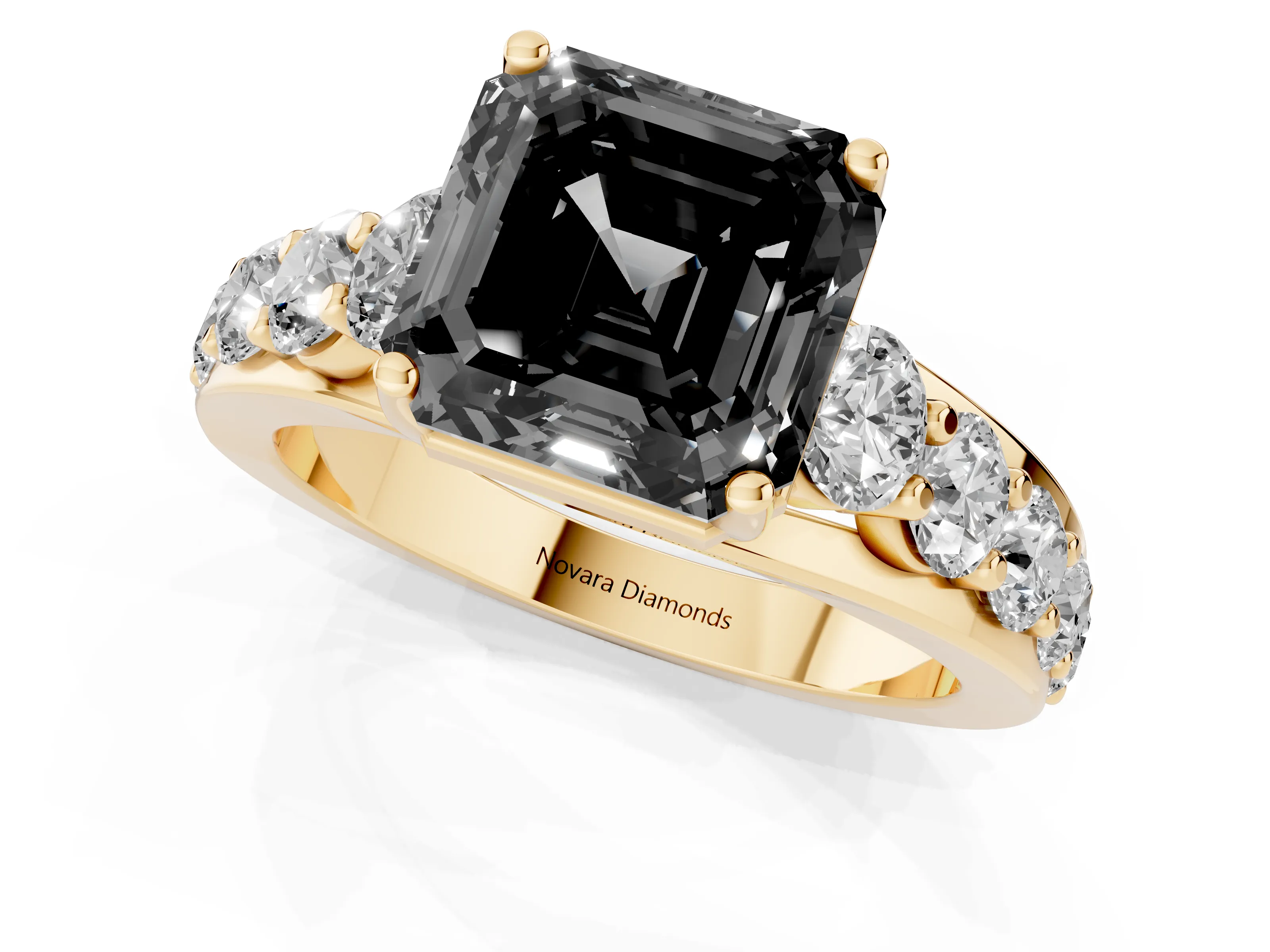 Fancy Black Asscher Cut Diamond Pavé Engagement Ring Set in Yellow gold with Prong Setting