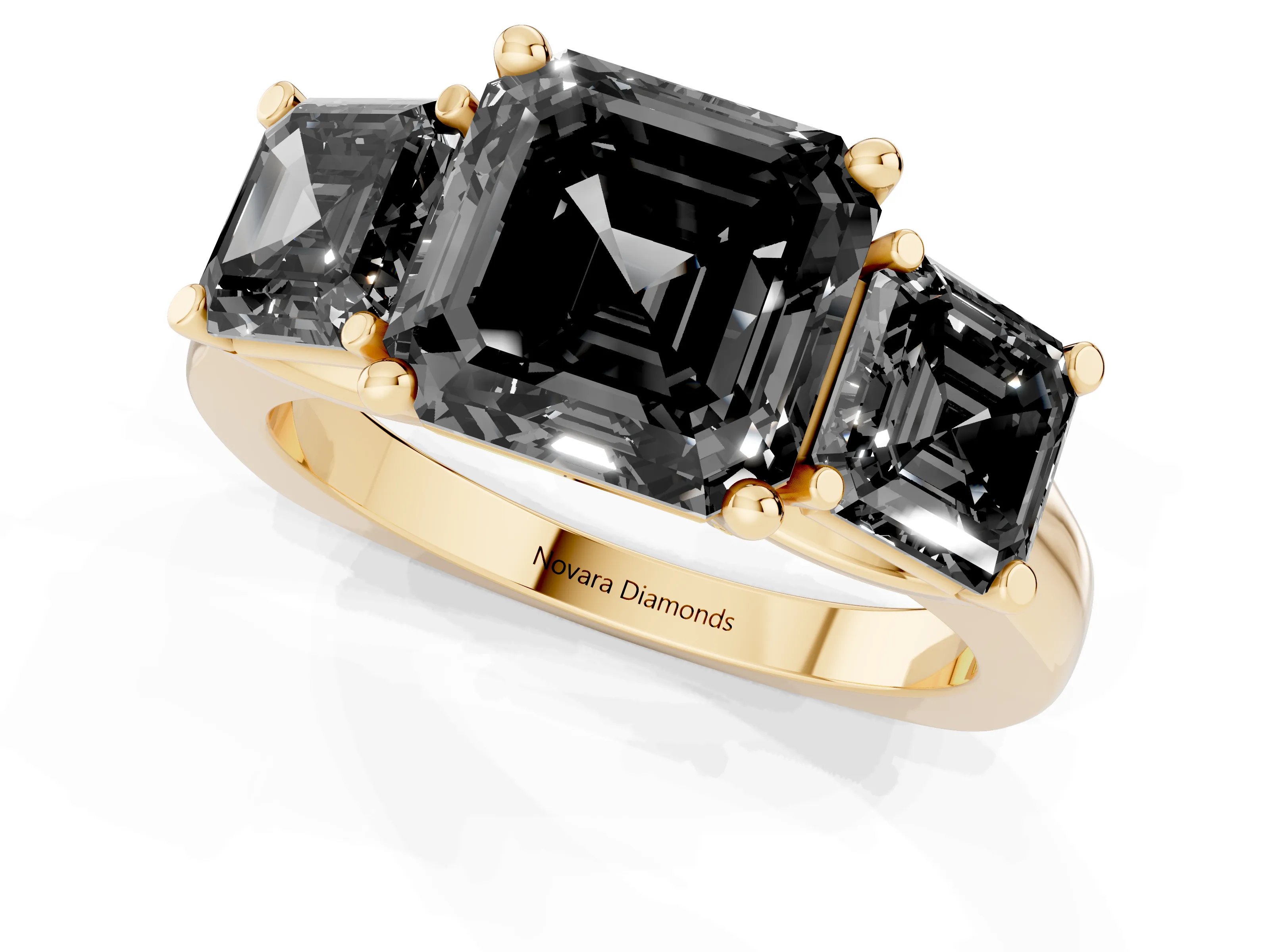 Fancy Black Asscher Cut Diamond Three-Stone Trellis Ring Set in Yellow gold with Comfort Fit Band