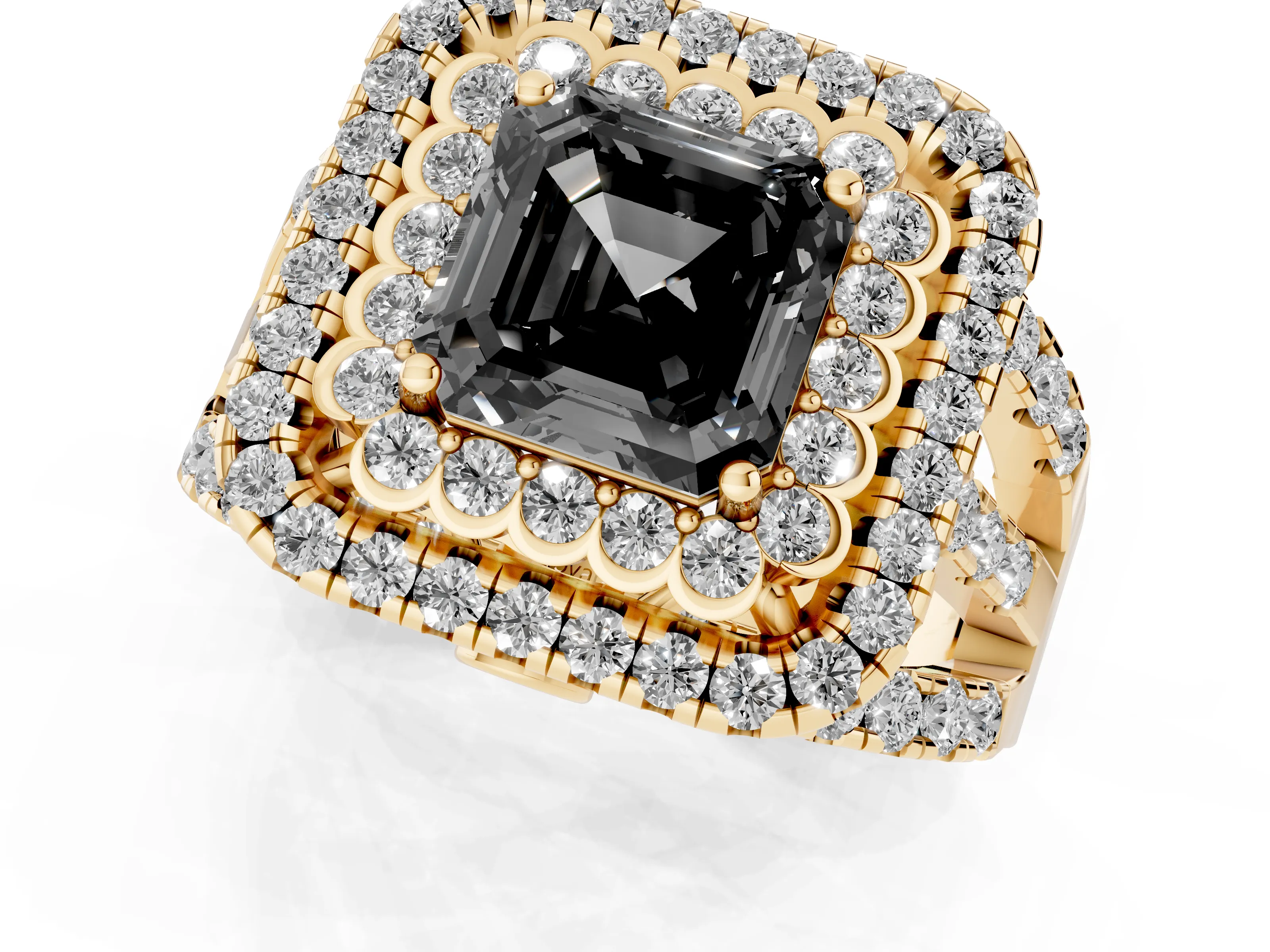 Fancy Black Asscher Cut Diamond Double Halo Ring Set in Yellow gold with Round Pavé Split Shank
