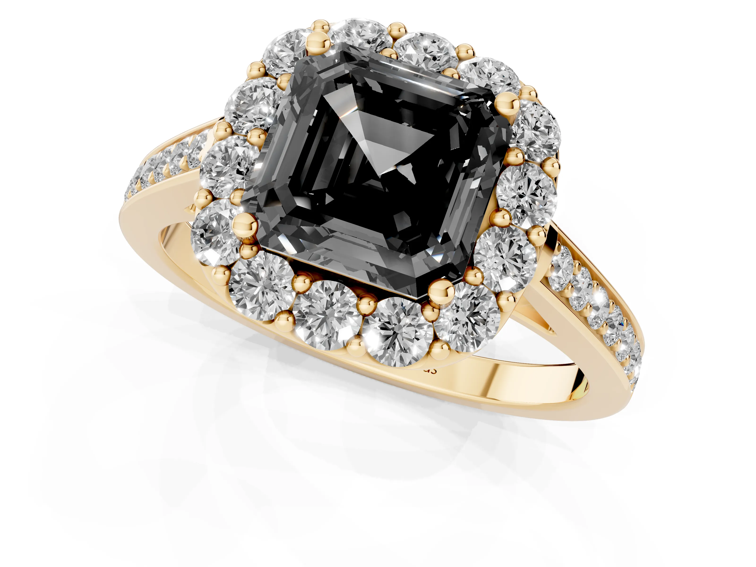 Fancy Black Asscher Cut Diamond Floral Halo Ring Set in Yellow gold with Pavé Band and Prong Setting