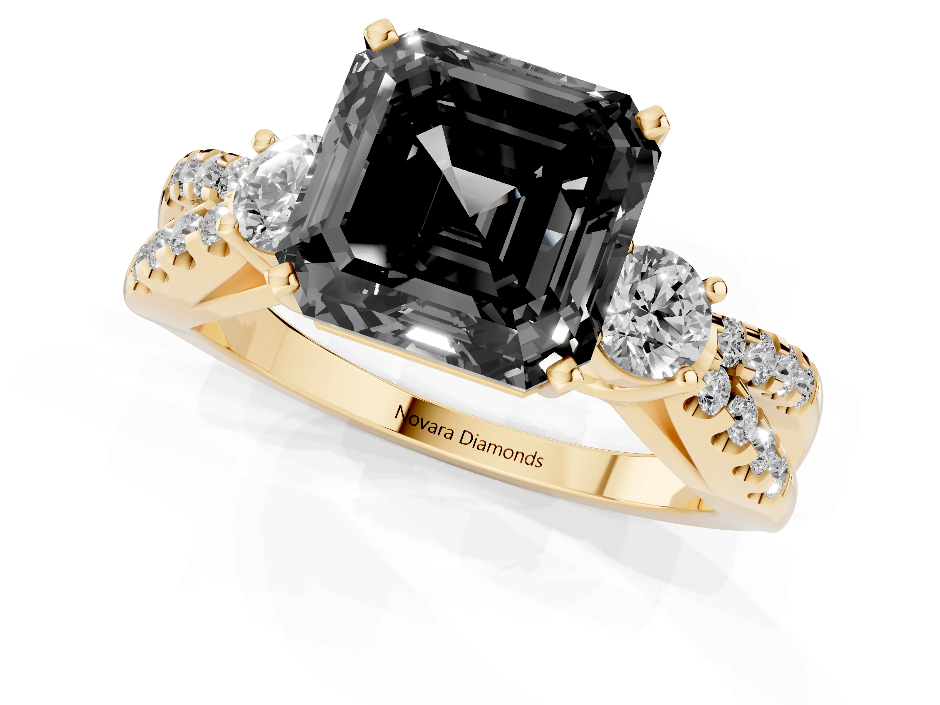 Fancy Black Asscher Cut Diamond Three-Stone Ring Set in Yellow gold with Pavé Split Shank and Prong Setting