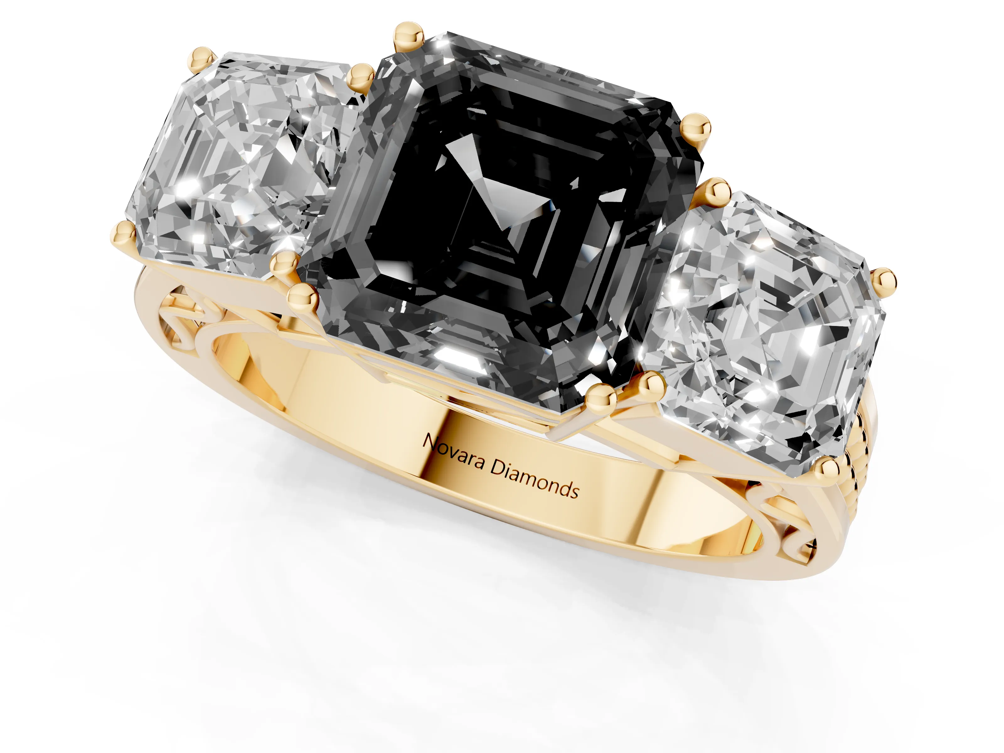 Fancy Black Asscher Cut Diamond Three-Stone Ring Set in Yellow gold with Textured Band