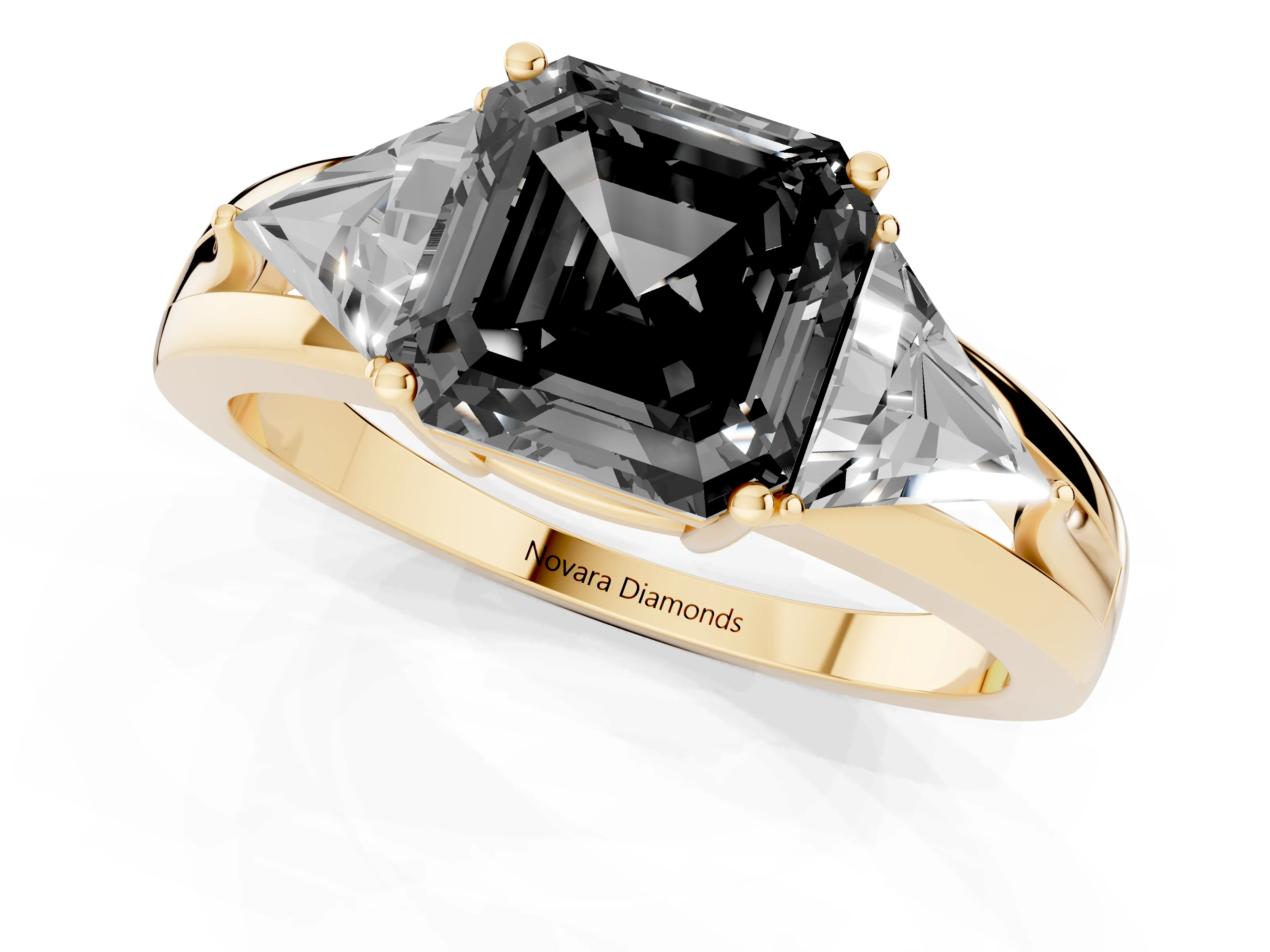 Fancy Black Asscher Cut Diamond Three-Stone Ring Set in Yellow gold with Trillion Side Stones and Split Shank