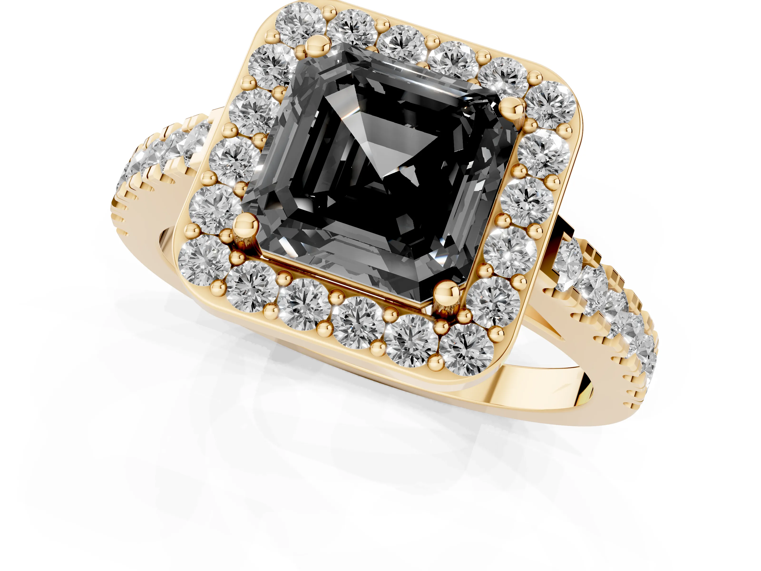 Fancy Black Asscher Cut Diamond Halo Ring Set in Yellow gold with Round Pavé Split Shank and Prong Setting