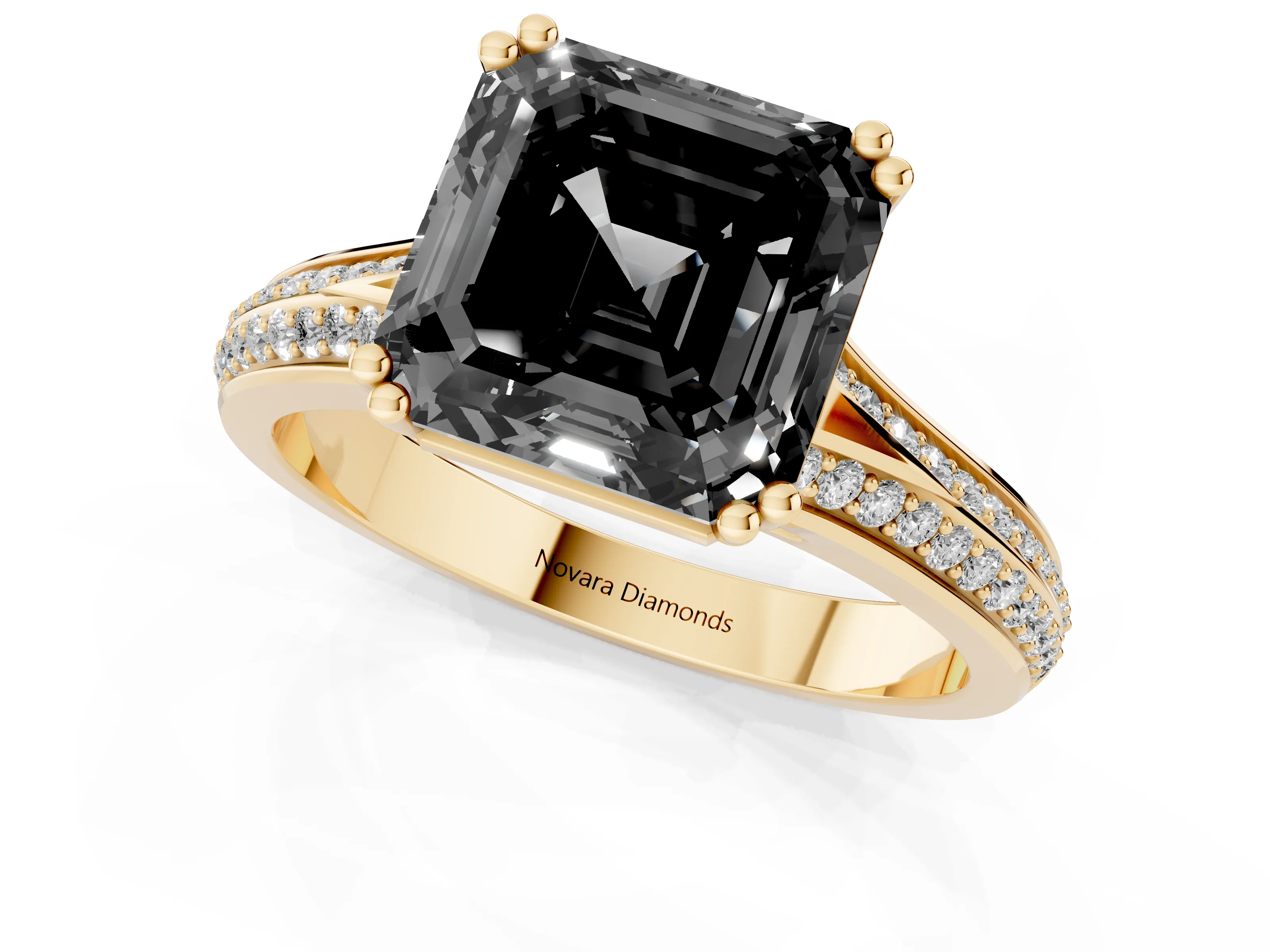 Fancy Black Asscher Cut Diamond Split Shank Pavé Engagement Ring Set in Yellow gold with Prong-Set Center Stone