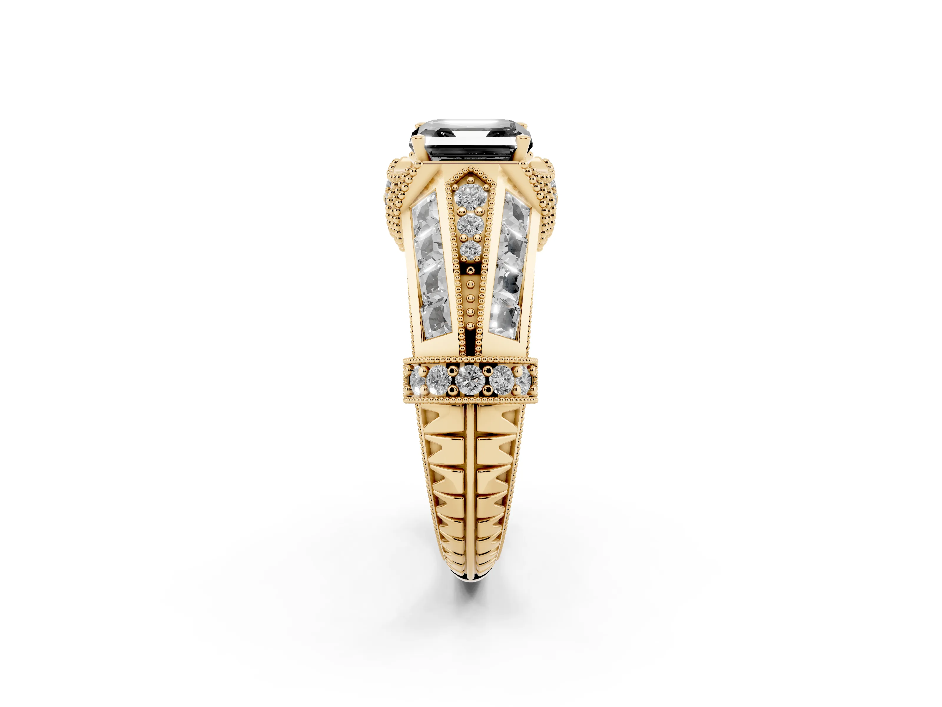 Fancy Black Asscher Cut Diamond Vintage-Inspired Milgrain Ring Set in Yellow gold with Accent Split Shank