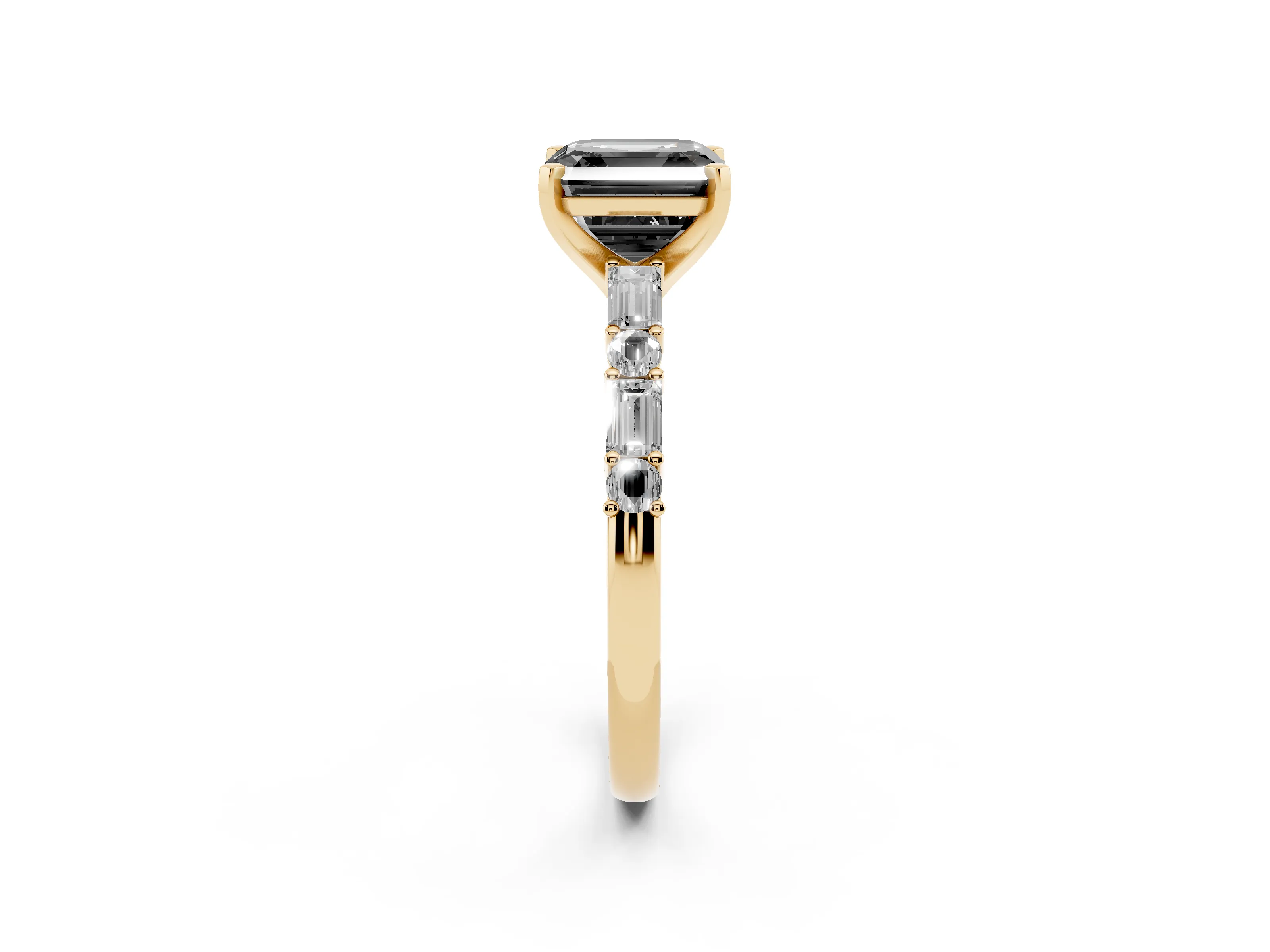 Fancy Black Asscher Cut Diamond Solitaire Set in Yellow gold with Side Baguettes and Channel Set Band