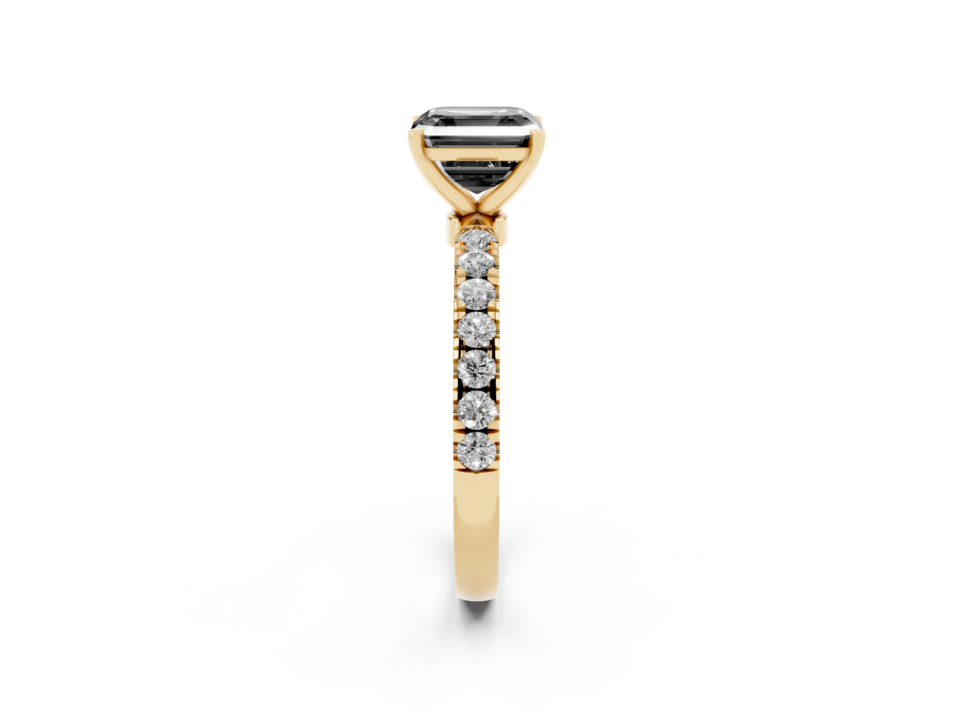 Fancy Black Asscher Cut Diamond Solitaire Ring Set in Yellow gold with Pavé Accents and Prong Setting