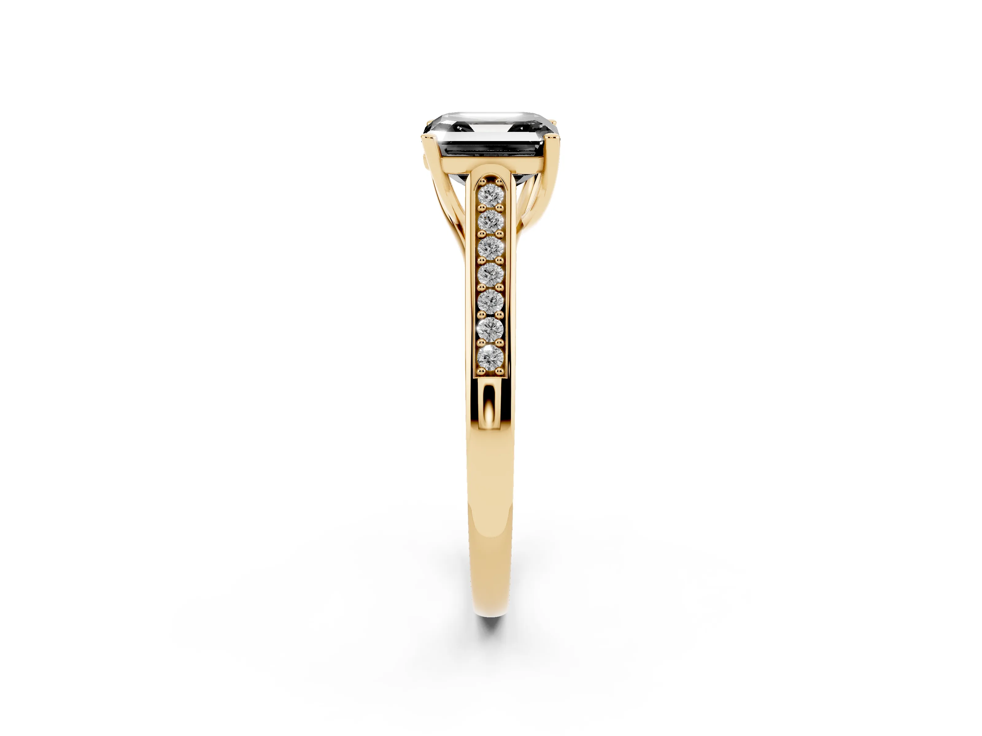 Fancy Black Asscher Cut Diamond Solitaire Cathedral Engagement Ring Set in Yellow gold with Channel-Set Band and Prong Setting