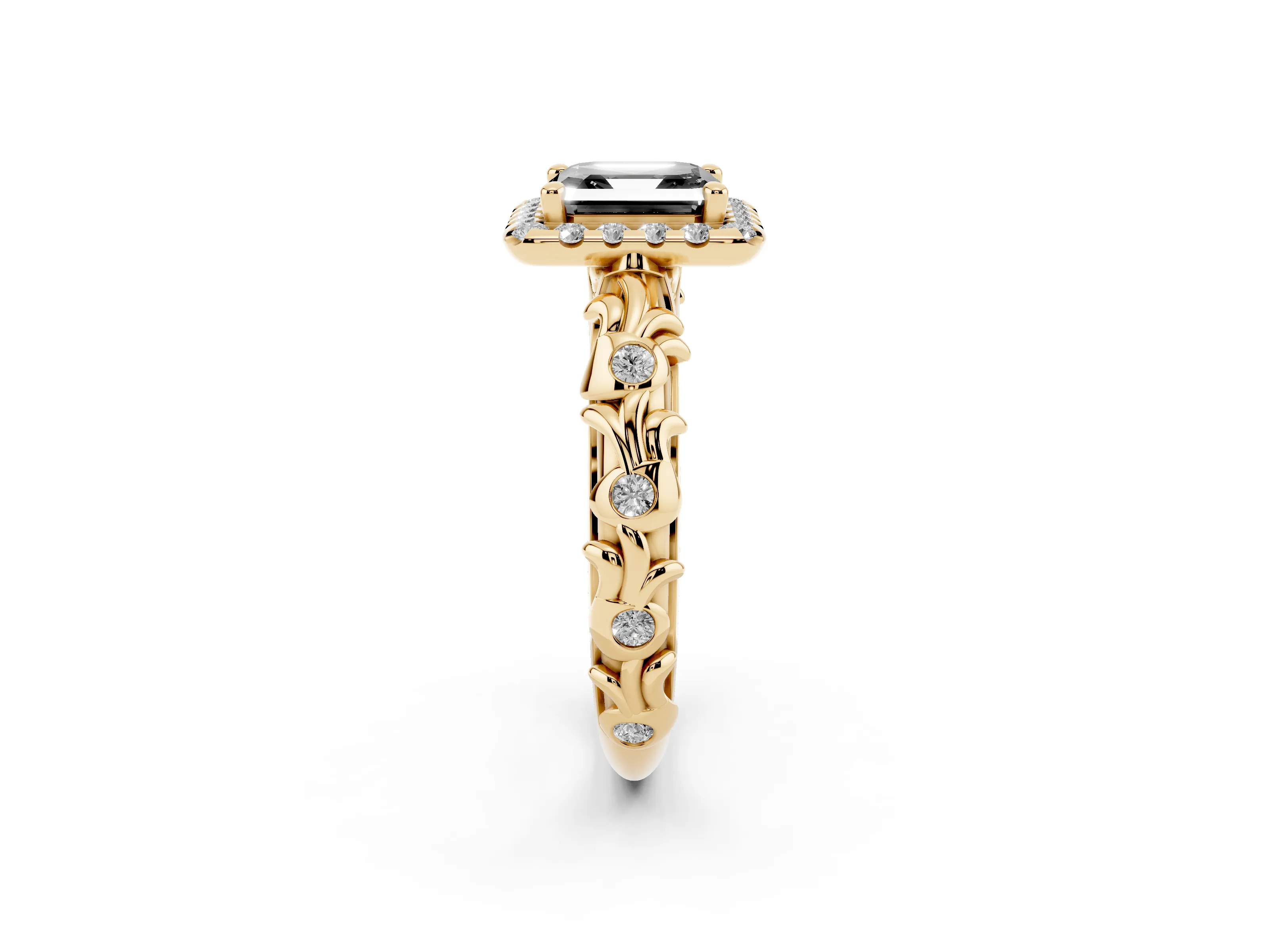 Fancy Black Asscher Cut Diamond Halo Ring Set in Yellow gold with Filigree Leaf Band and Prong Setting