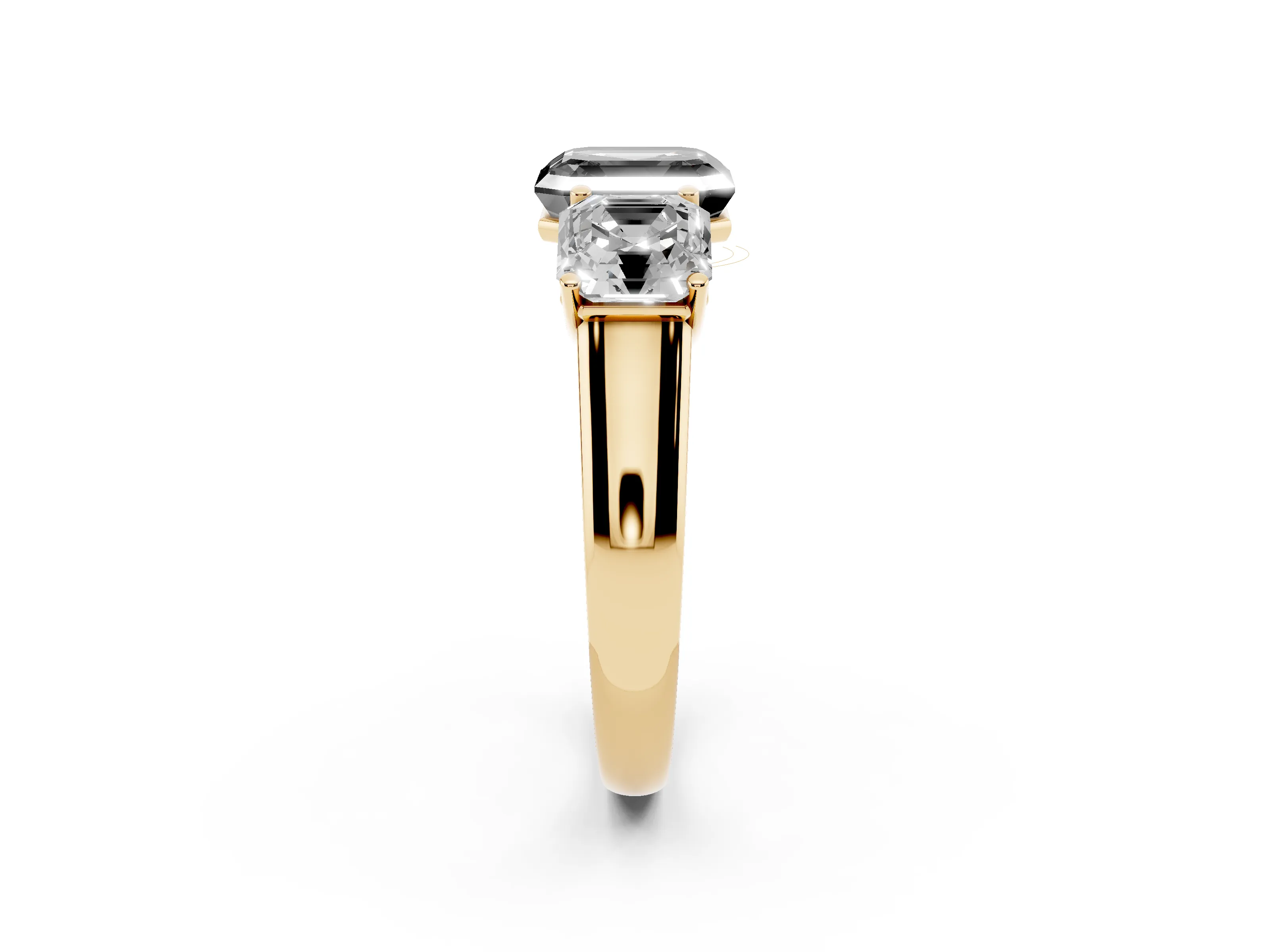 Fancy Black Asscher Cut Diamond Three-Stone Ring Set in Yellow gold with Plain Polished Band