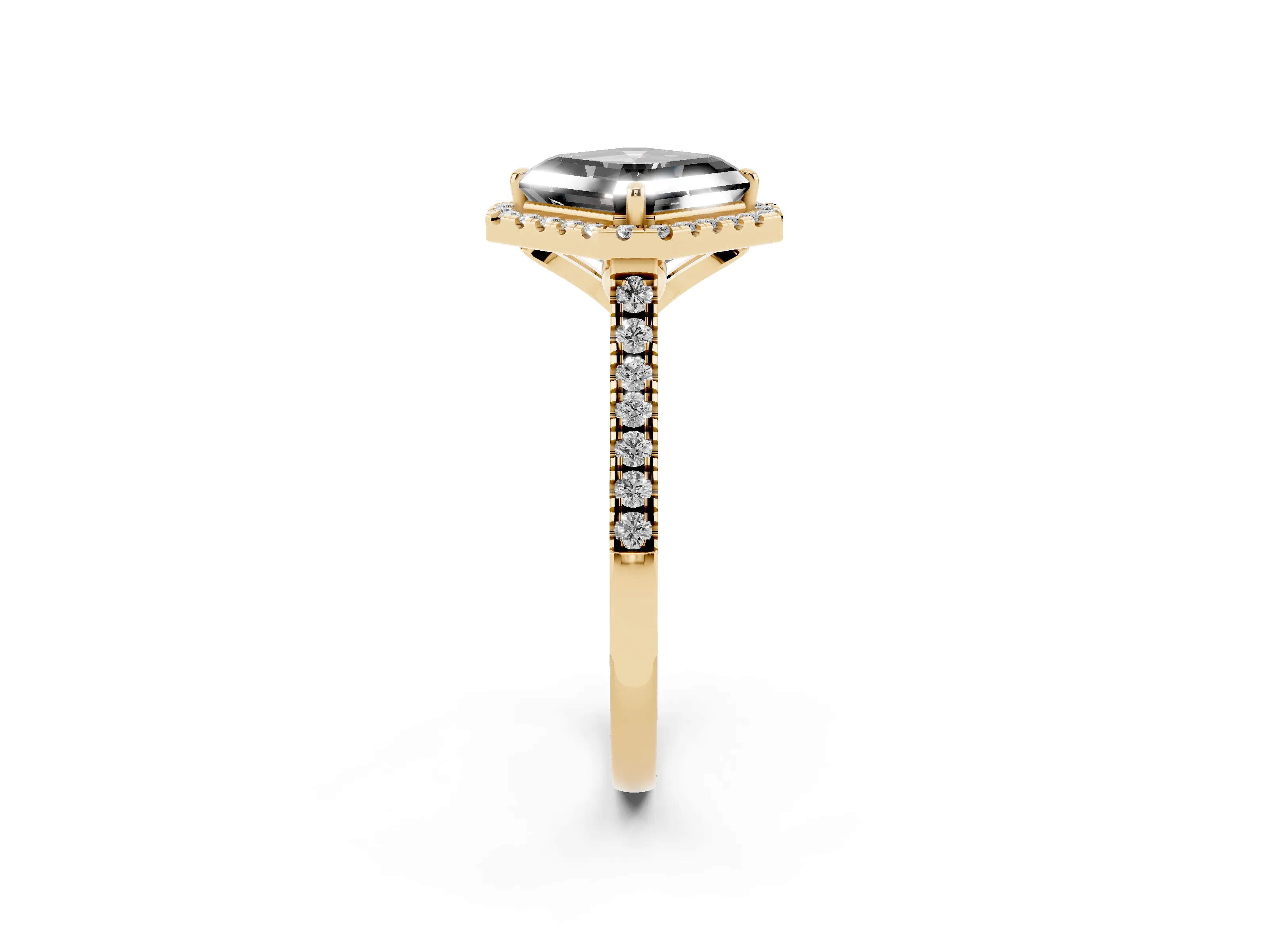 Fancy Black Asscher Cut Diamond Cushion Halo Ring Set in Yellow gold with Pavé Band