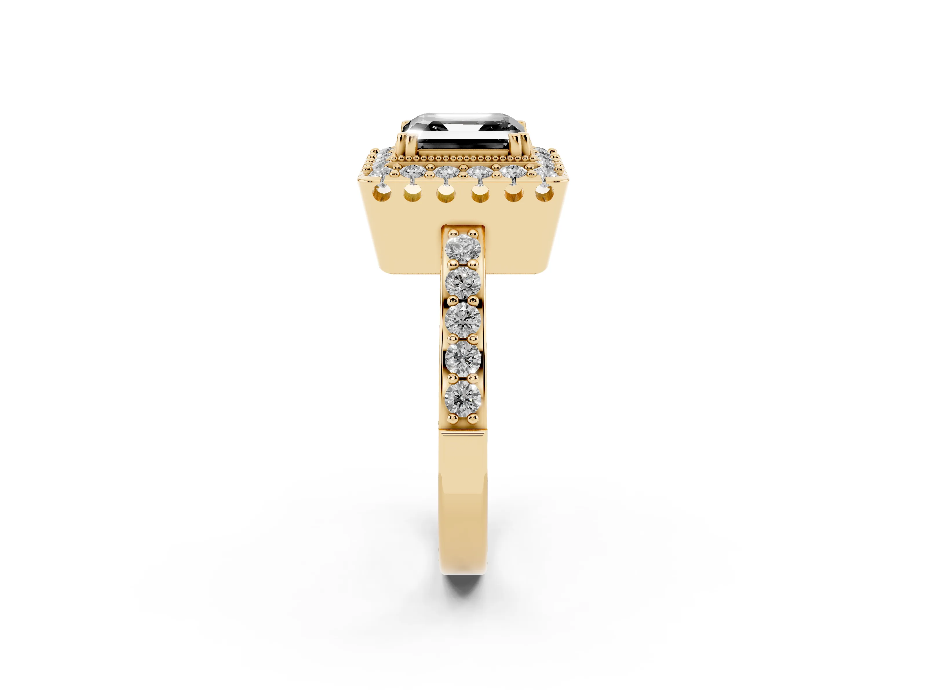 Fancy Black Asscher Cut Diamond Halo Ring Set in Yellow gold with Pavé Shank and Prong Setting