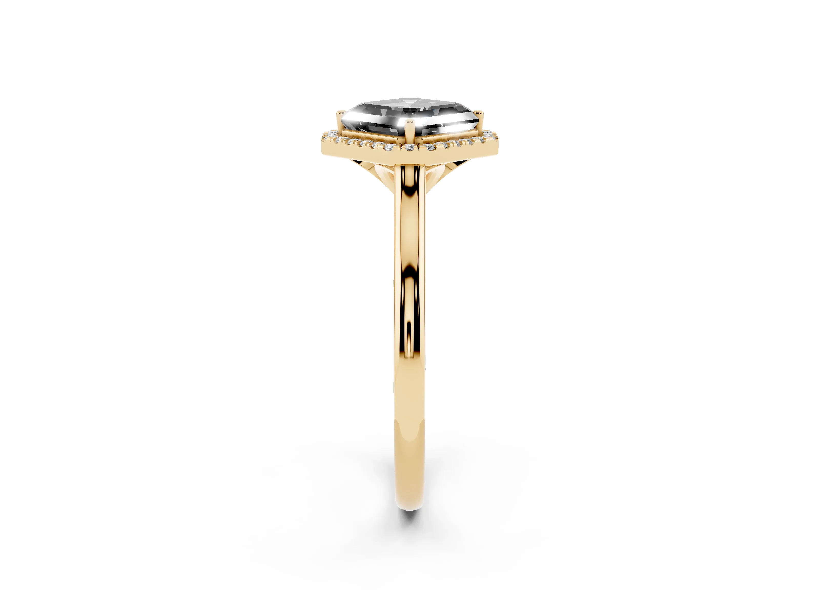 Fancy Black Asscher Cut Diamond Halo Engagement Ring Set in Yellow gold with Pavé Band and Rising Shoulders