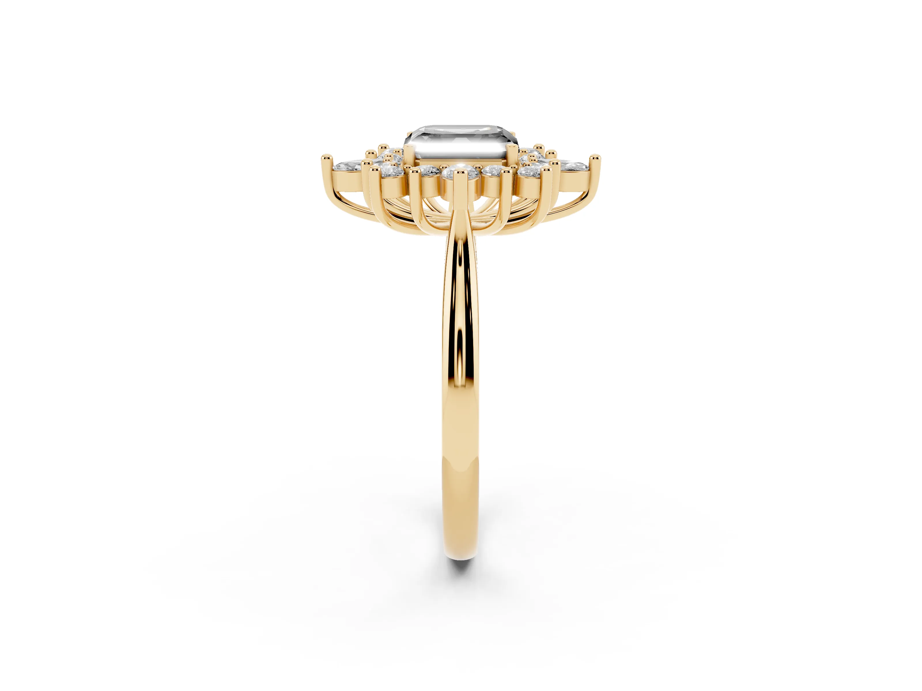 Fancy Black Asscher Cut Diamond Cluster Halo Ring Set in Yellow gold with Marquise and Round Accents