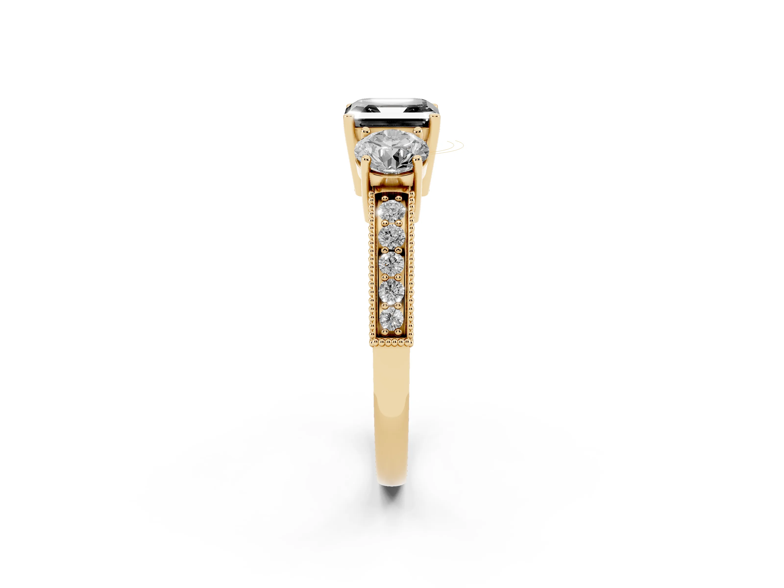 Fancy Black Asscher Cut Diamond Three-Stone Ring Set in Yellow gold with Round Side Stones and Pavé Band