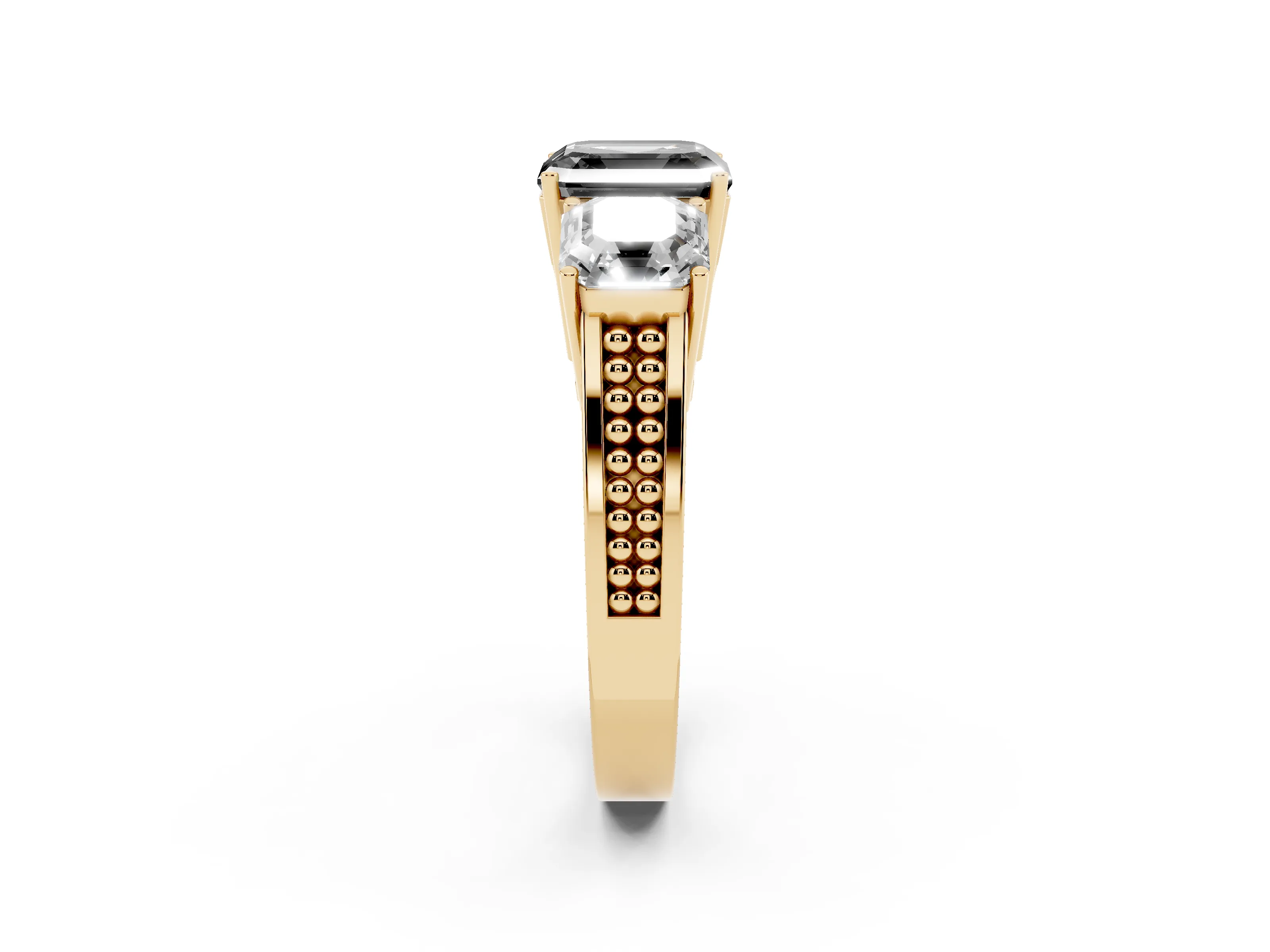 Fancy Black Asscher Cut Diamond Three-Stone Ring Set in Yellow gold with Textured Band