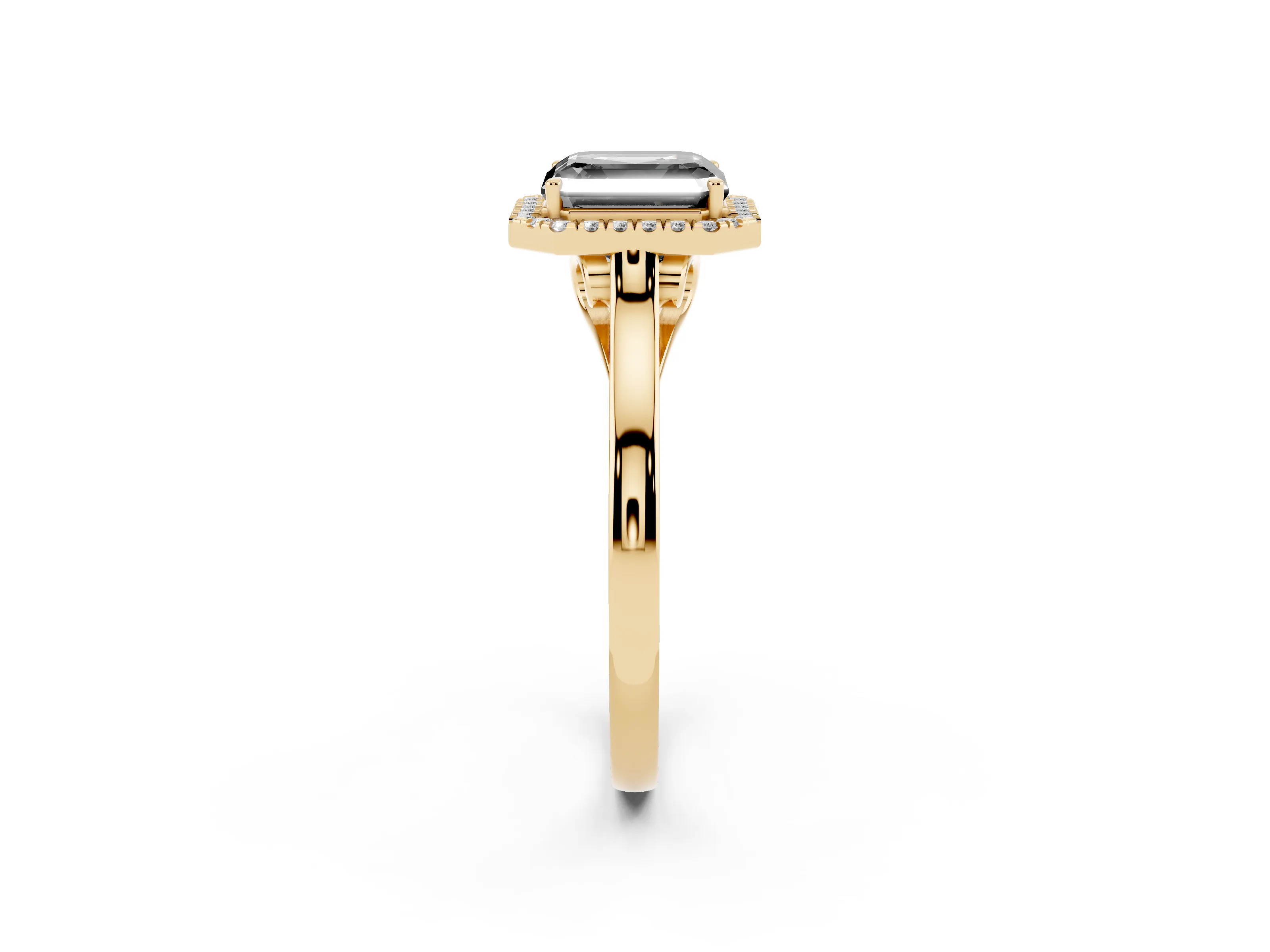 Fancy Black Asscher Cut Halo Round Diamond Solitaire Ring Set in Yellow gold with Pavé Band and Prong Setting
