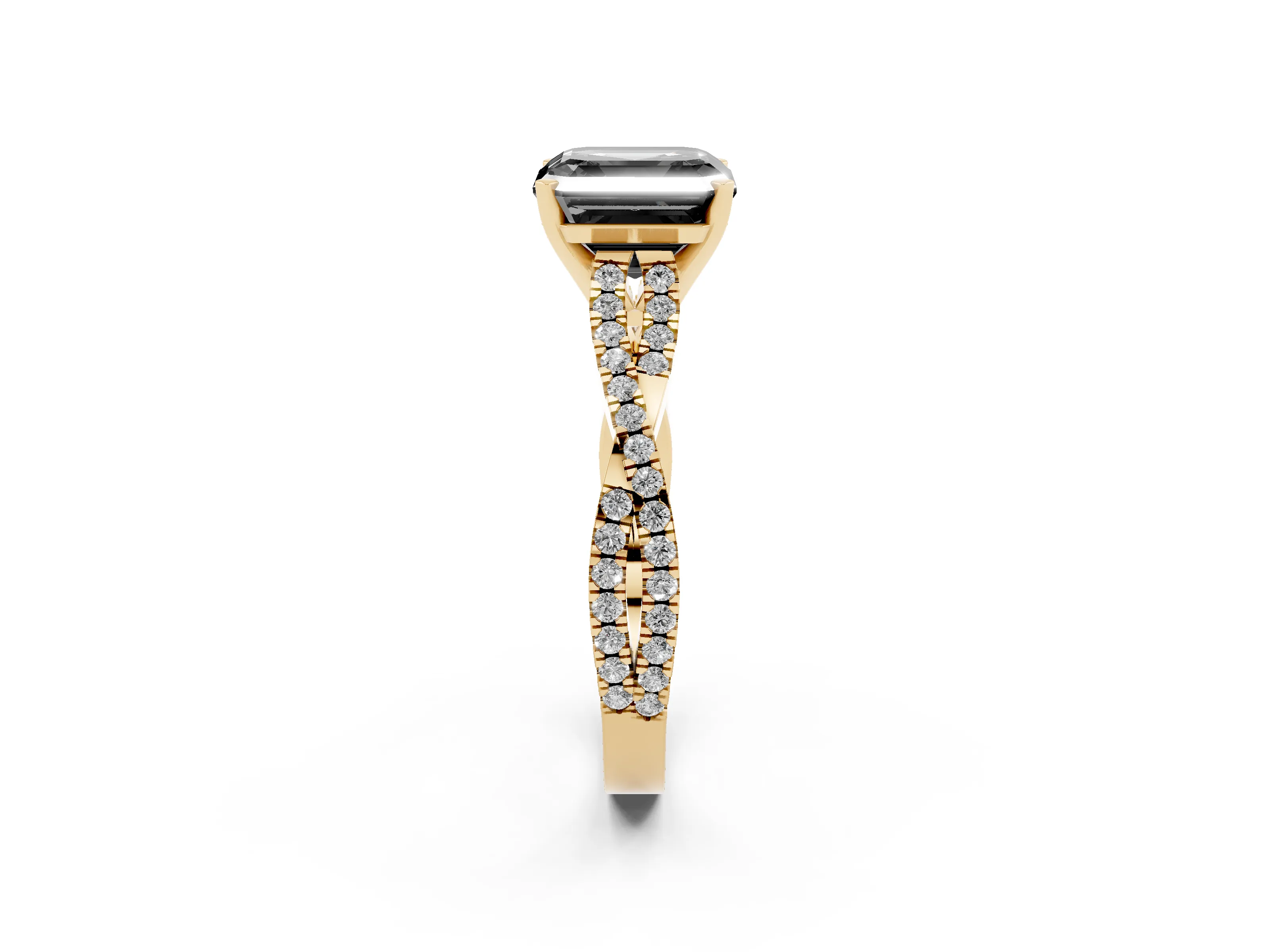 Fancy Black Asscher Cut Diamond Solitaire Engagement Ring Set in Yellow gold with Twisted Pavé Band and Prong Setting