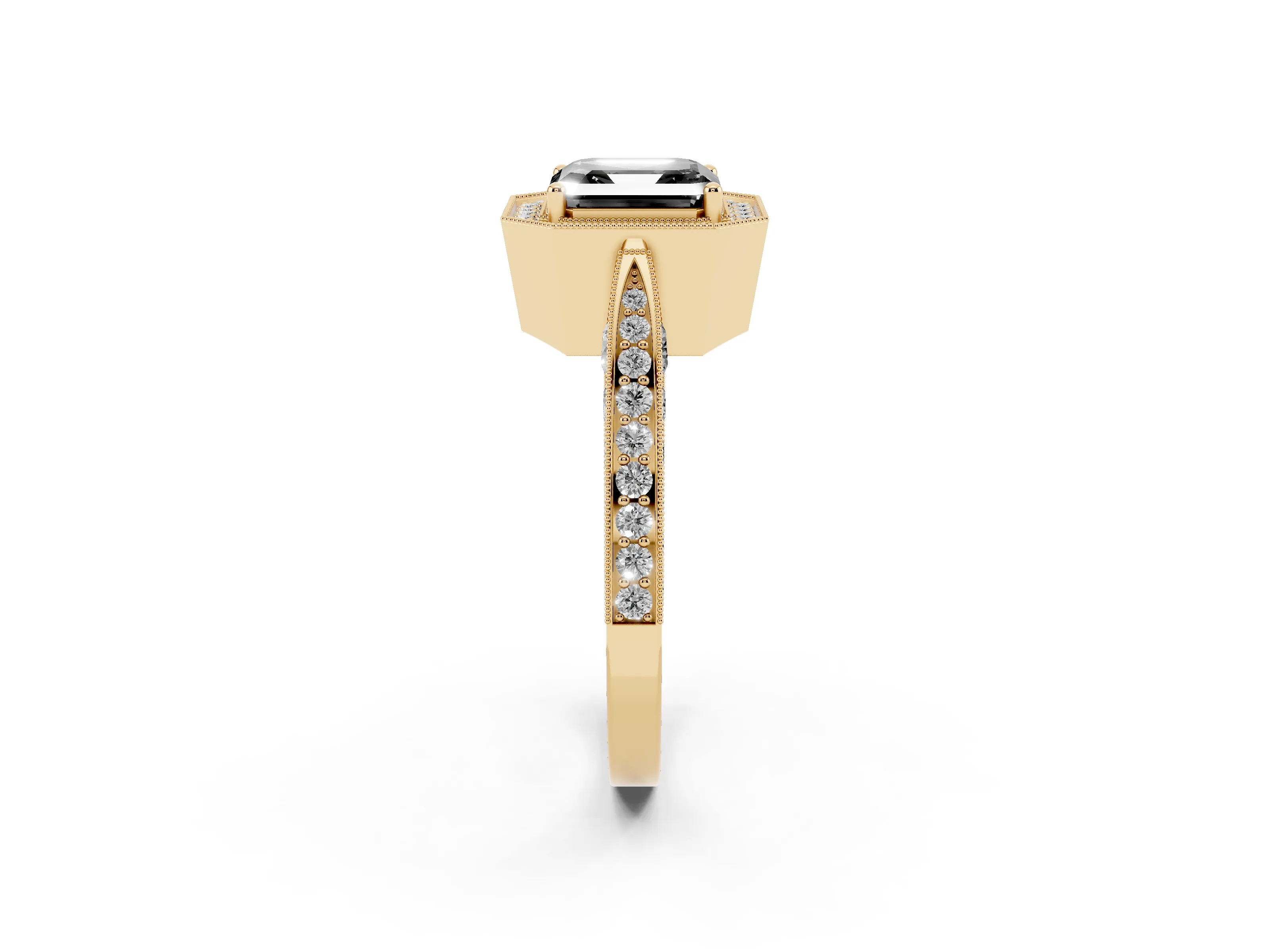 Fancy Black Asscher Cut Diamond Halo Engagement Ring Set in Yellow gold with Accent Split Shank Band