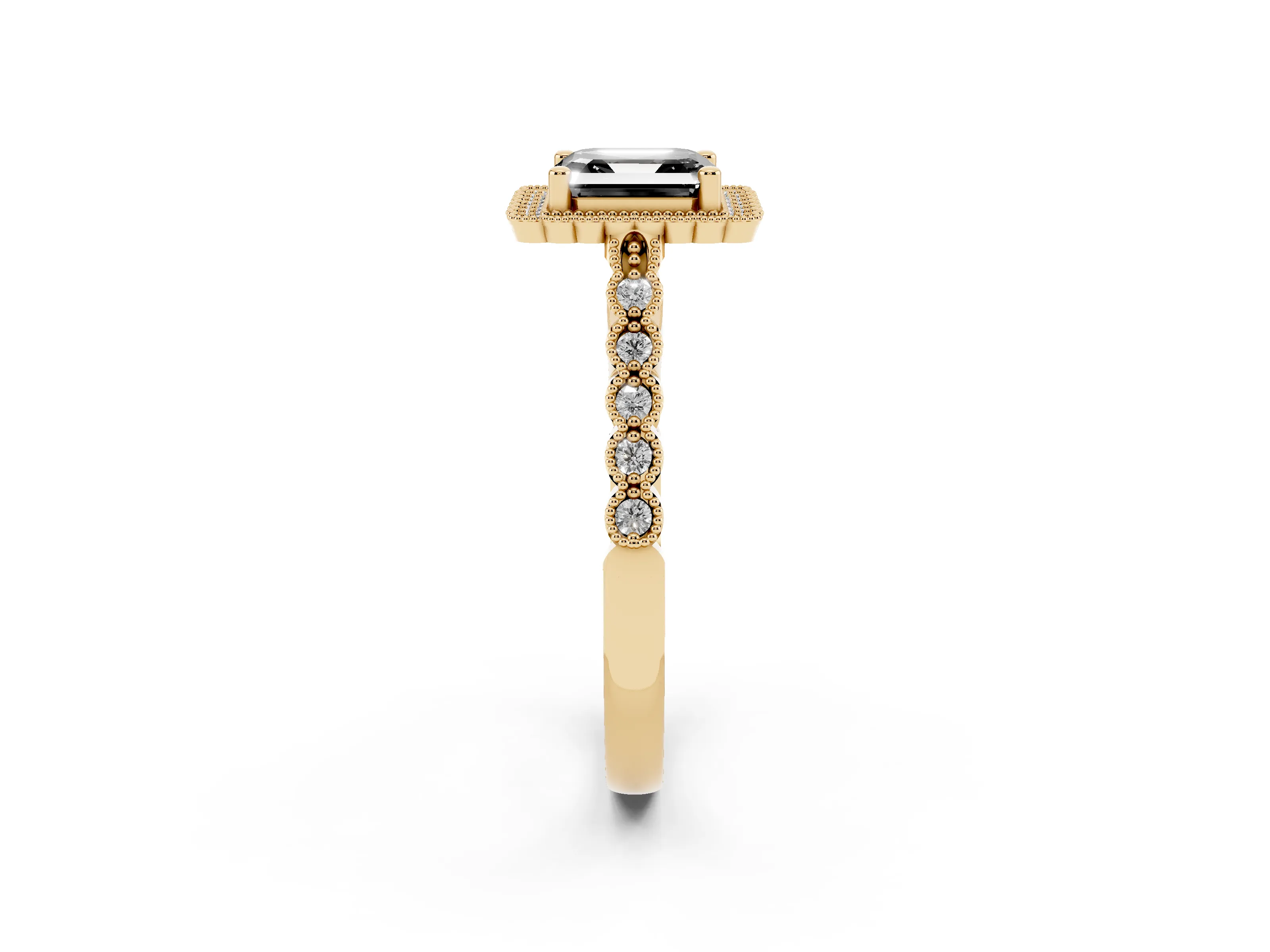 Fancy Black Asscher Cut Diamond Halo Ring Set in Yellow gold with Pavé Milgrain Band