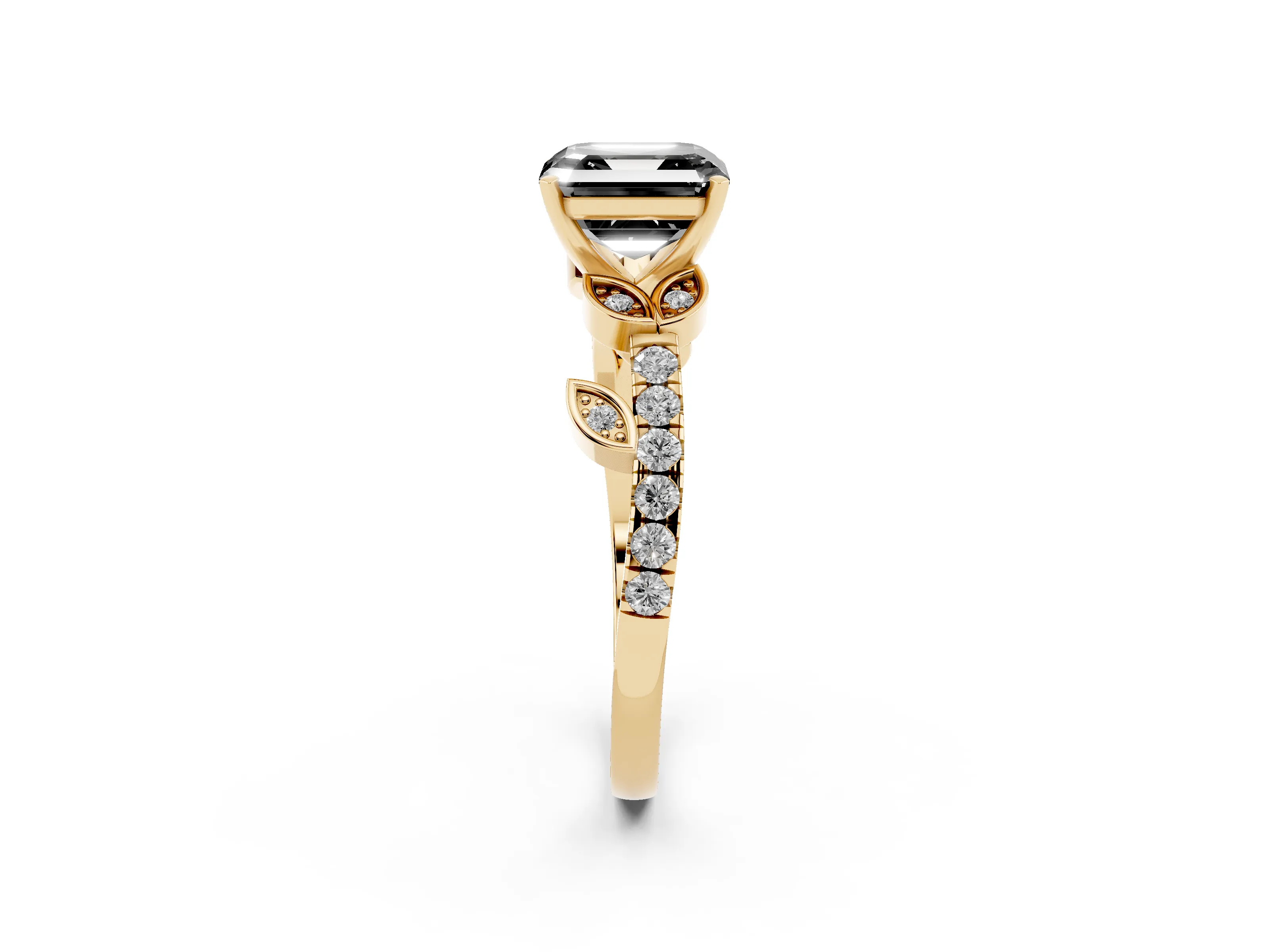Fancy Black Asscher Cut Diamond Solitaire Leaf-Inspired Ring Set in Yellow gold with Pavé Band and Prong Setting