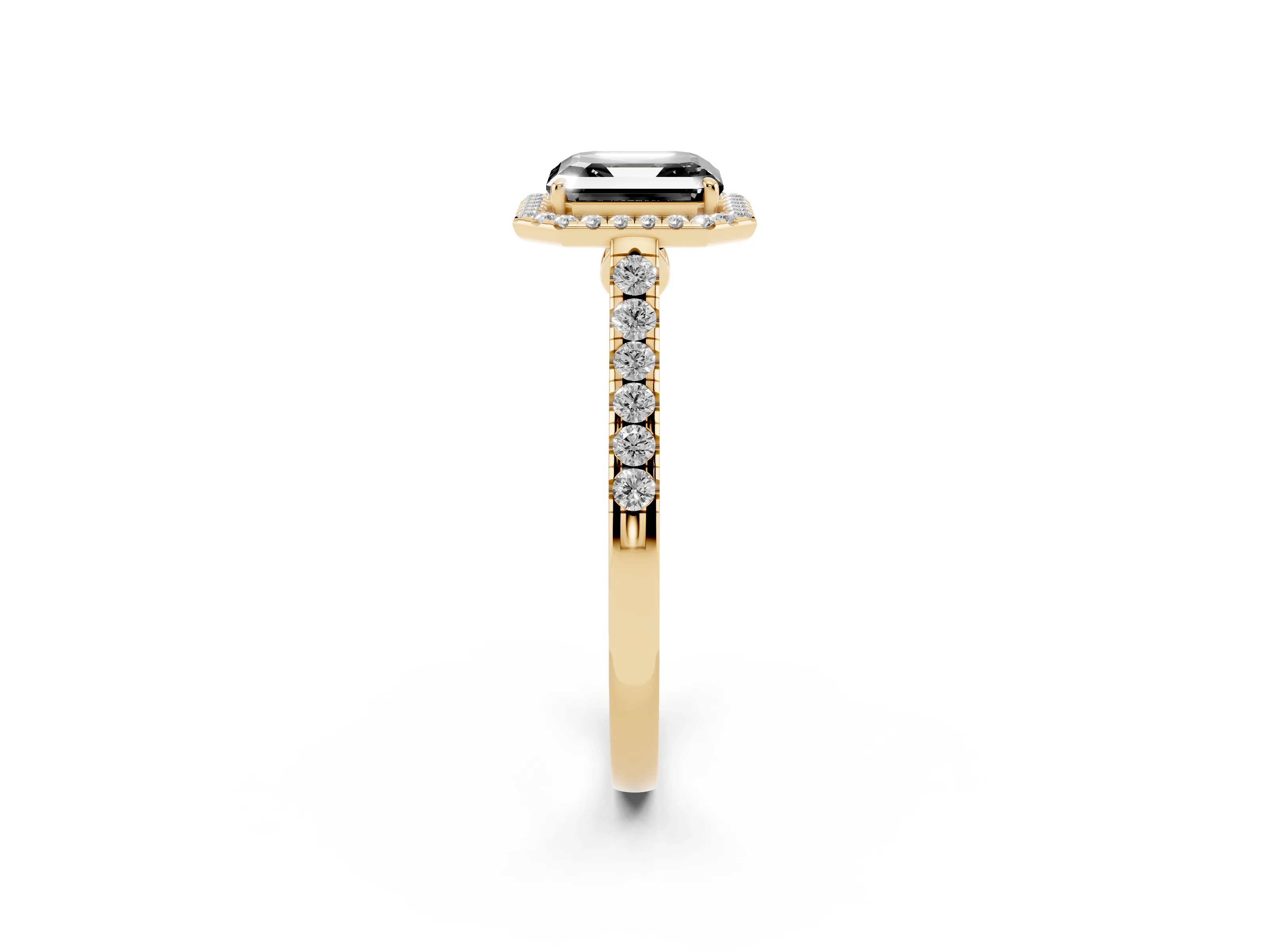 Fancy Black Asscher Cut Diamond Halo Pavé Engagement Ring Set in Yellow gold with Prong Setting