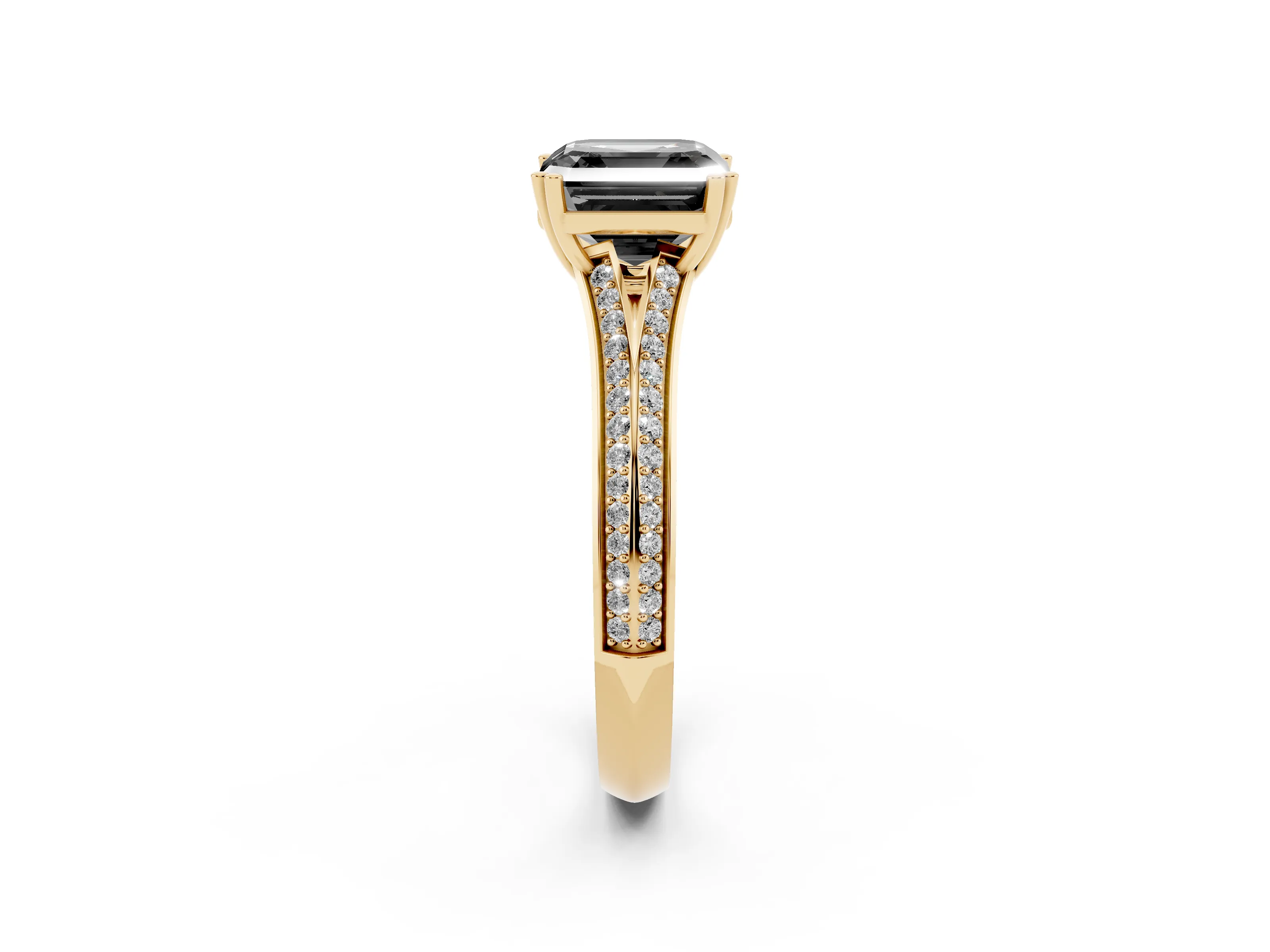 Fancy Black Asscher Cut Diamond Split Shank Pavé Engagement Ring Set in Yellow gold with Prong-Set Center Stone
