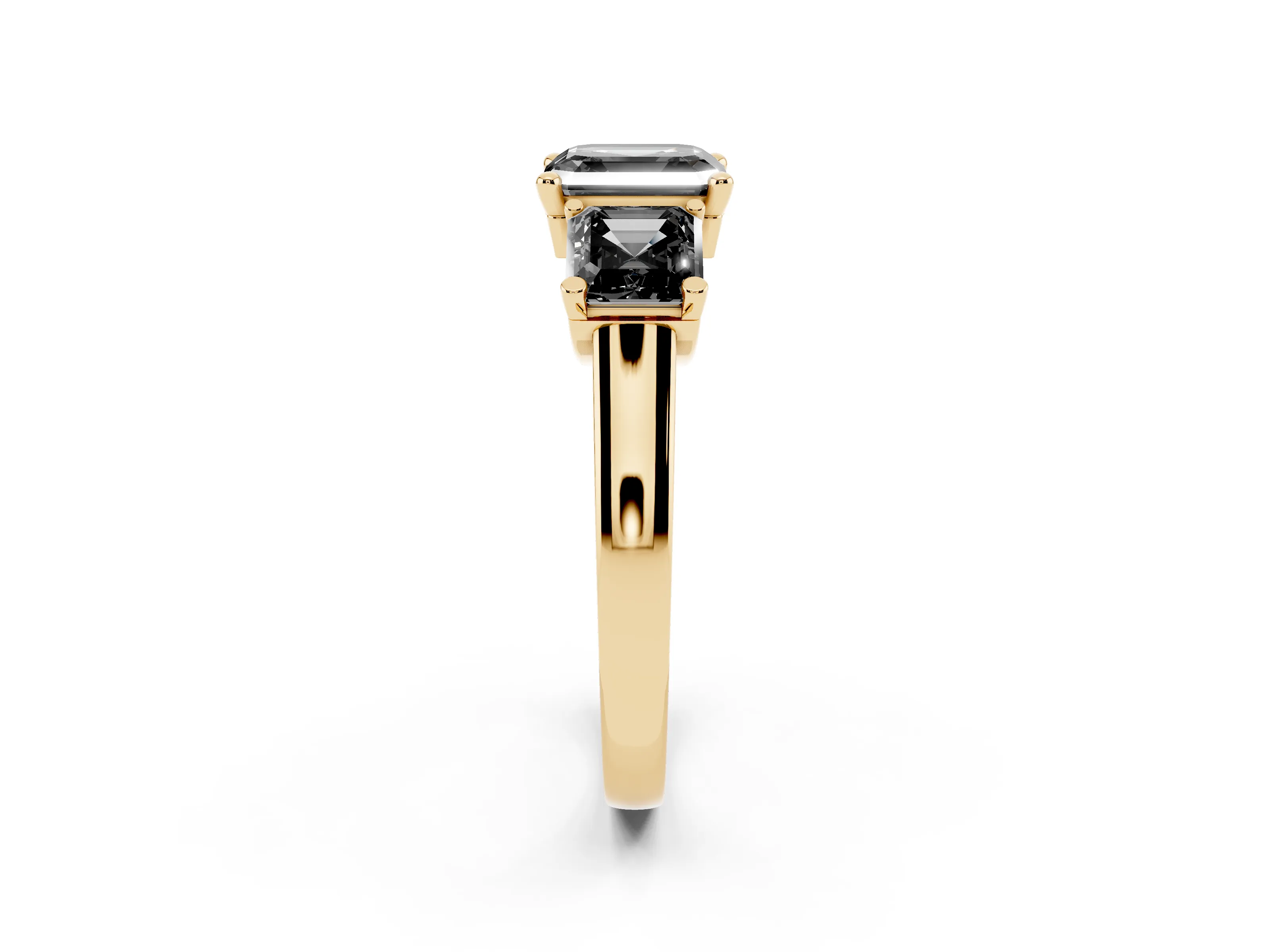 Fancy Black Asscher Cut Diamond Three-Stone Trellis Ring Set in Yellow gold with Comfort Fit Band