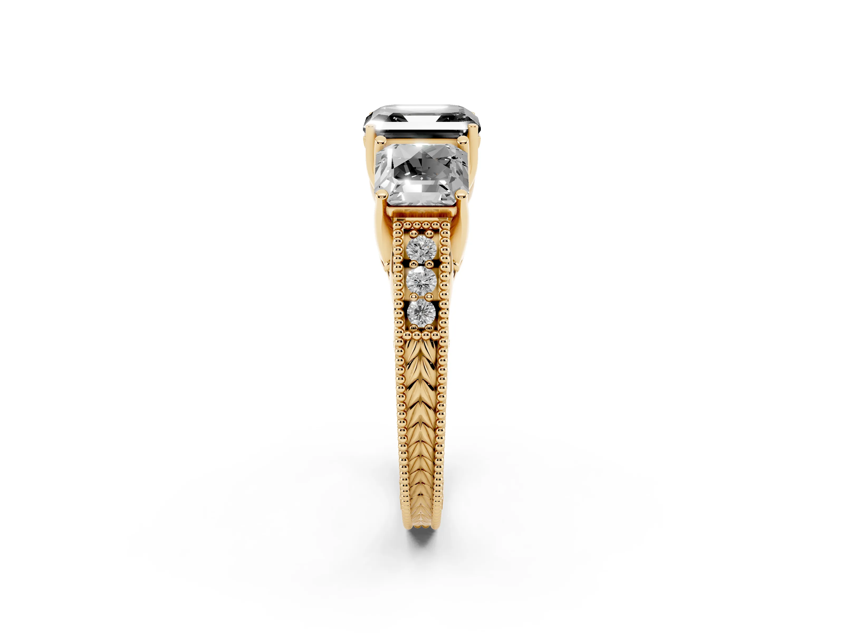 Fancy Black Asscher Cut Diamond Three-Stone Engagement Ring Set in Yellow gold with Milgrain Pavé Band
