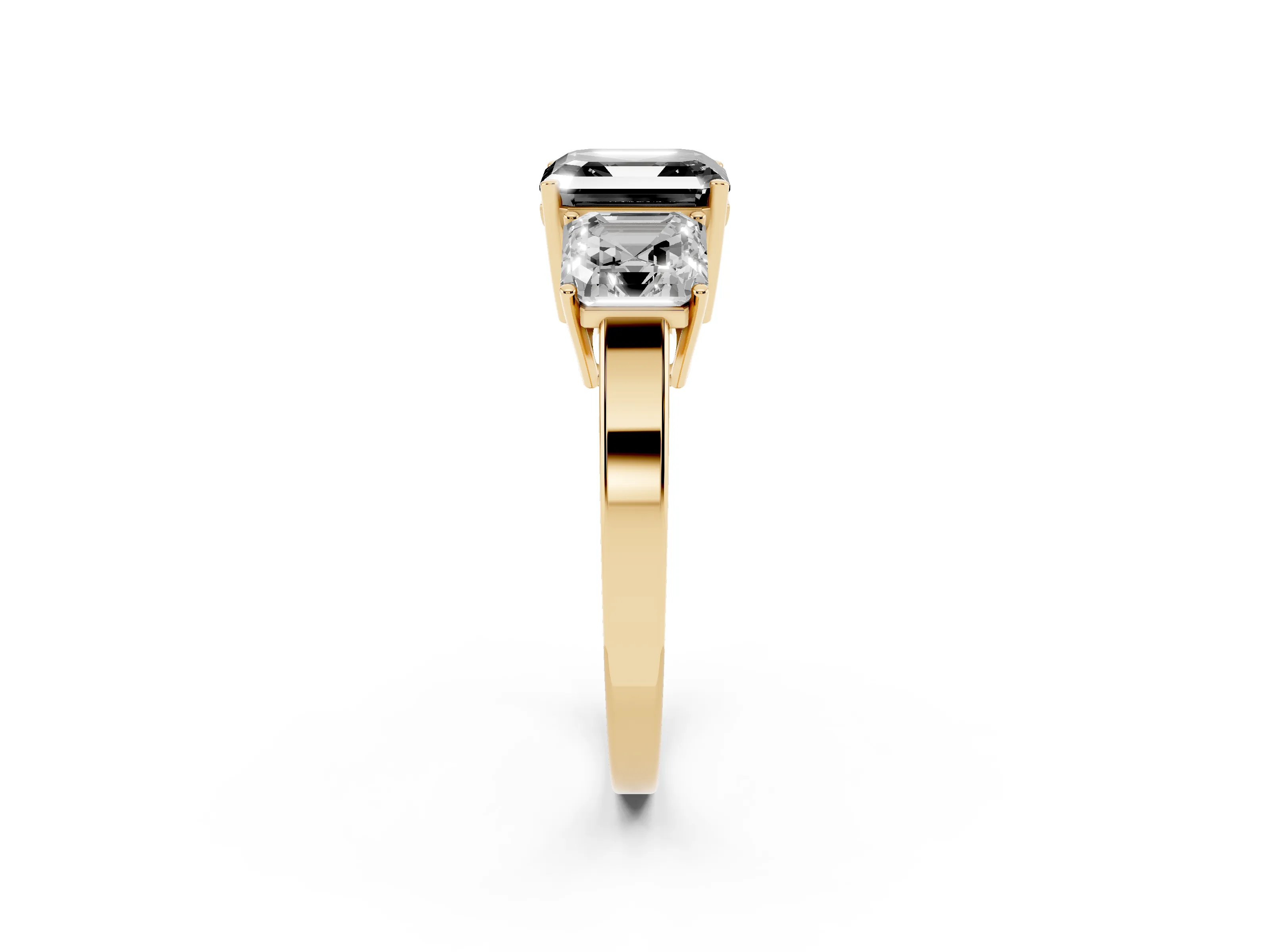 Fancy Black Asscher Cut Diamond Three-Stone Engagement Ring Set in Yellow gold with Flat Band