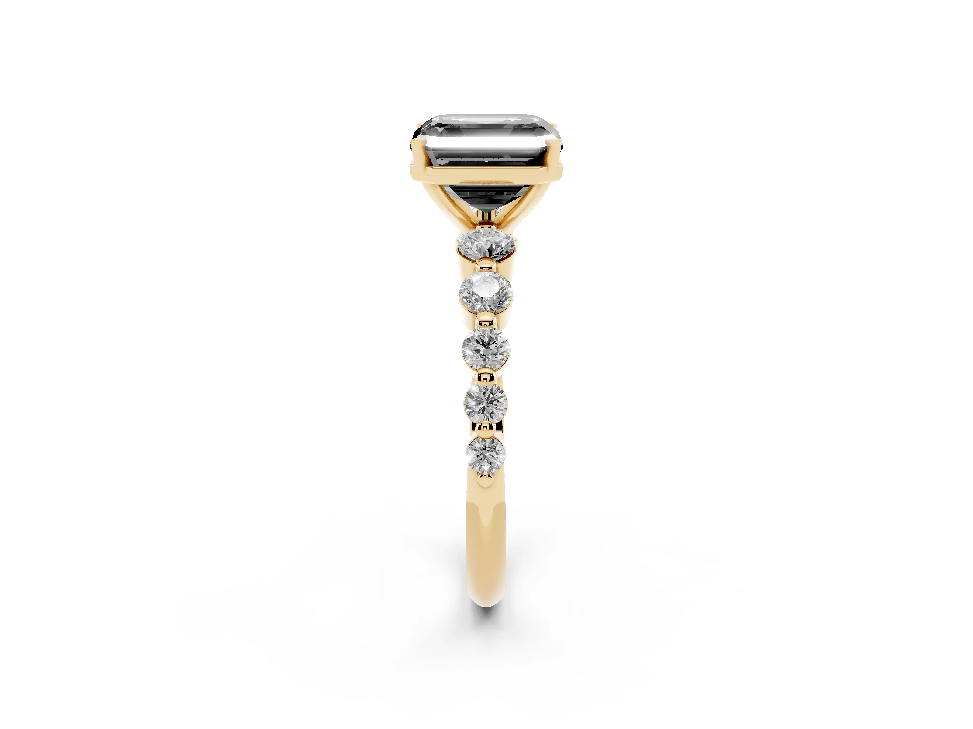Fancy Black Asscher Cut Diamond Solitaire Ring Set in Yellow gold with Pavé Band and Prong Setting