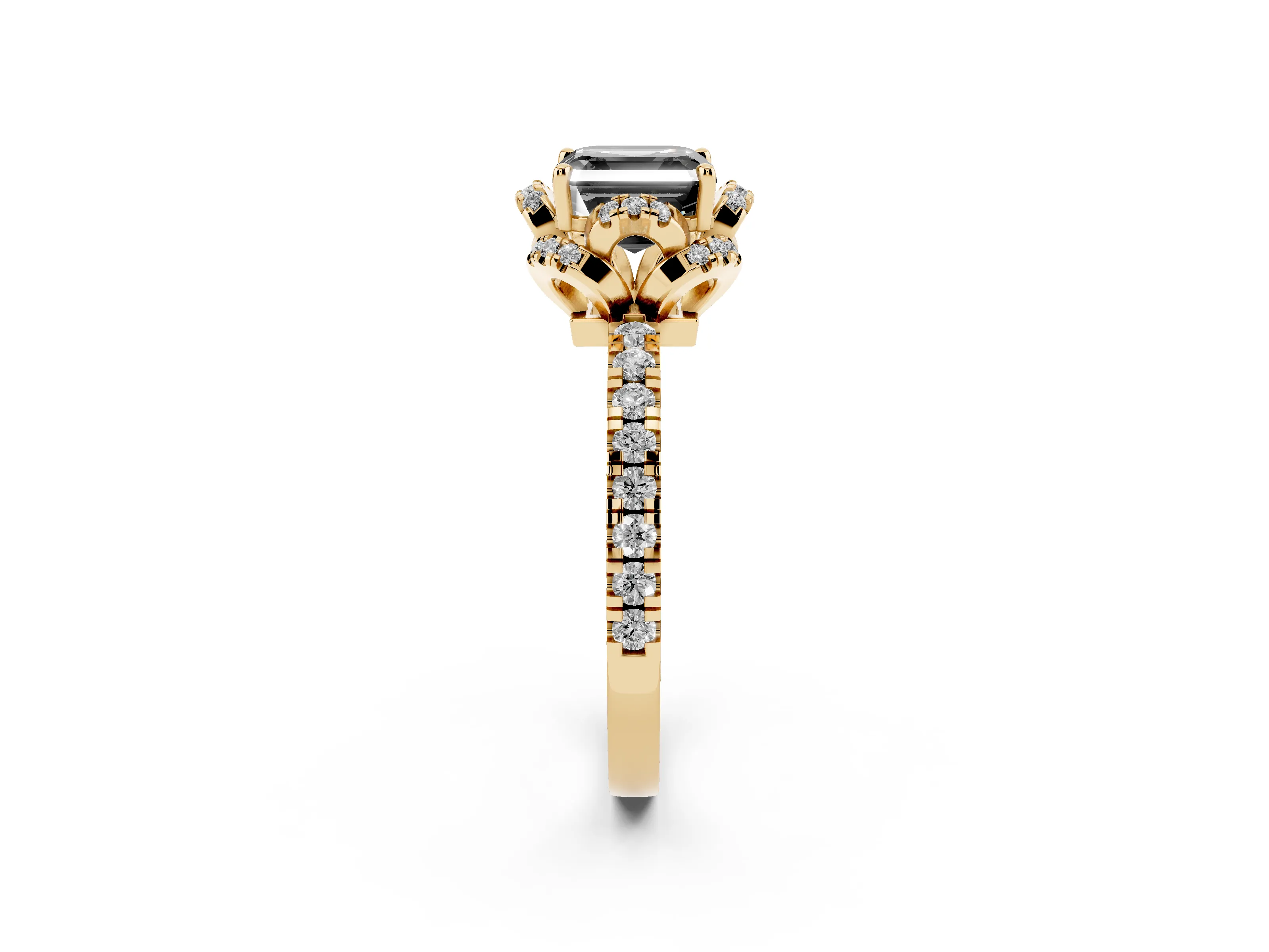 Fancy Black Asscher Cut Diamond Halo Pavé Ring Set in Yellow gold with Prong-Held Center Stone