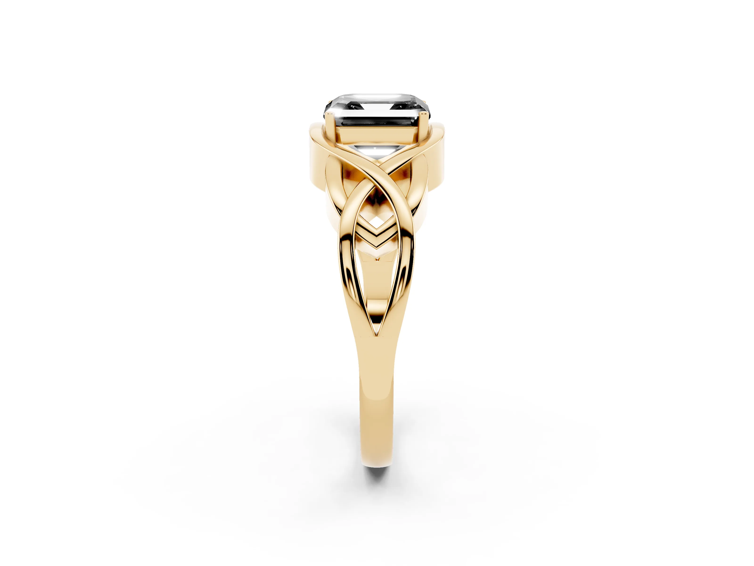 Fancy Black Asscher Cut Diamond Solitaire Ring Set in Yellow gold with Intertwined Band