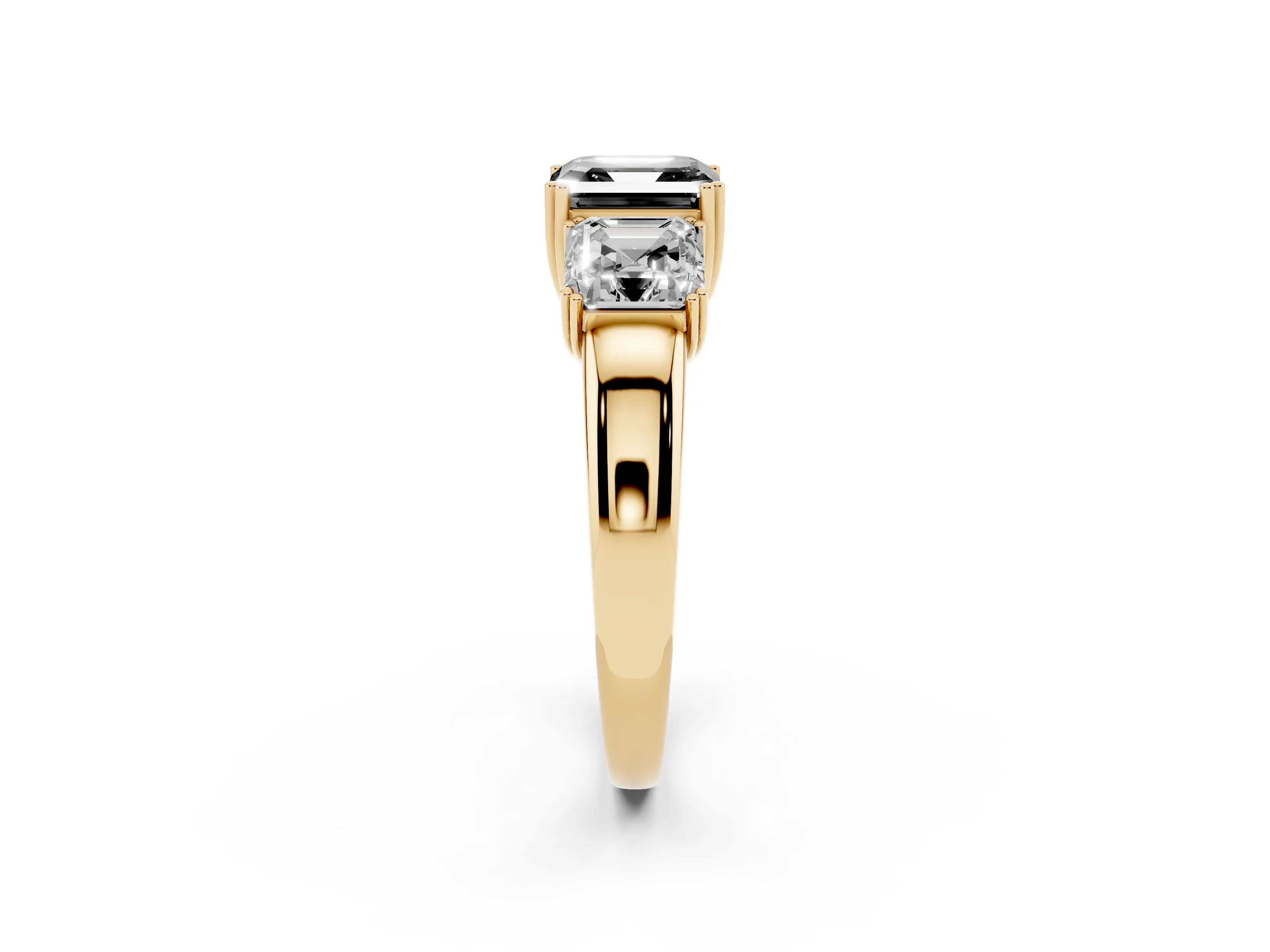 Fancy Black Asscher Cut Diamond Three-Stone Ring Set in Yellow gold with Polished Band and Prong Setting