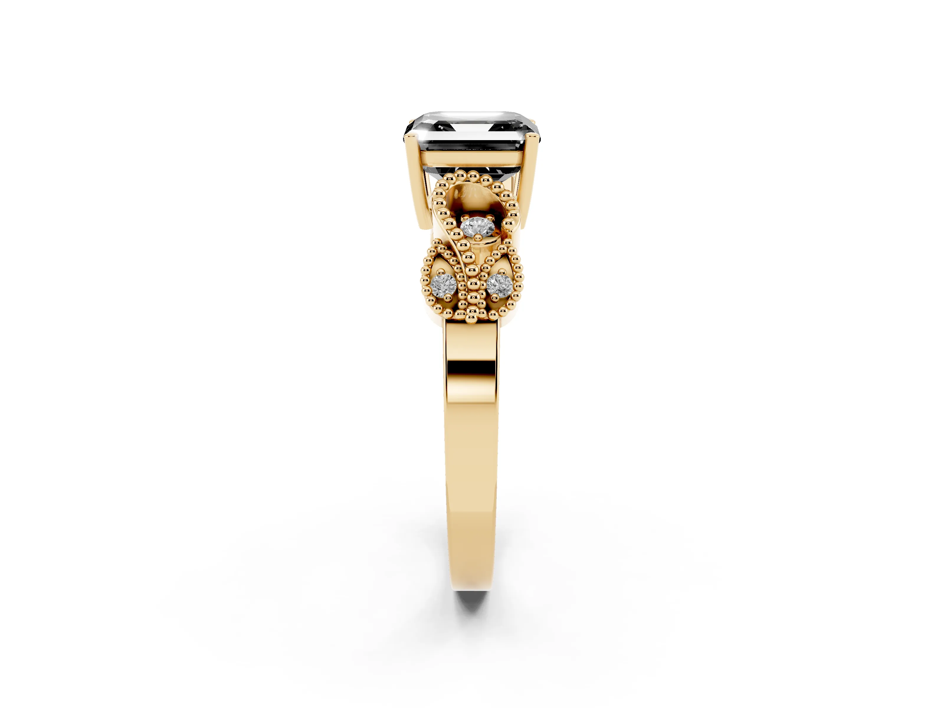 Fancy Black Asscher Cut Diamond Milgrain Leaf Band Solitaire Ring Set in Yellow gold with Accent Stones and Prong Setting