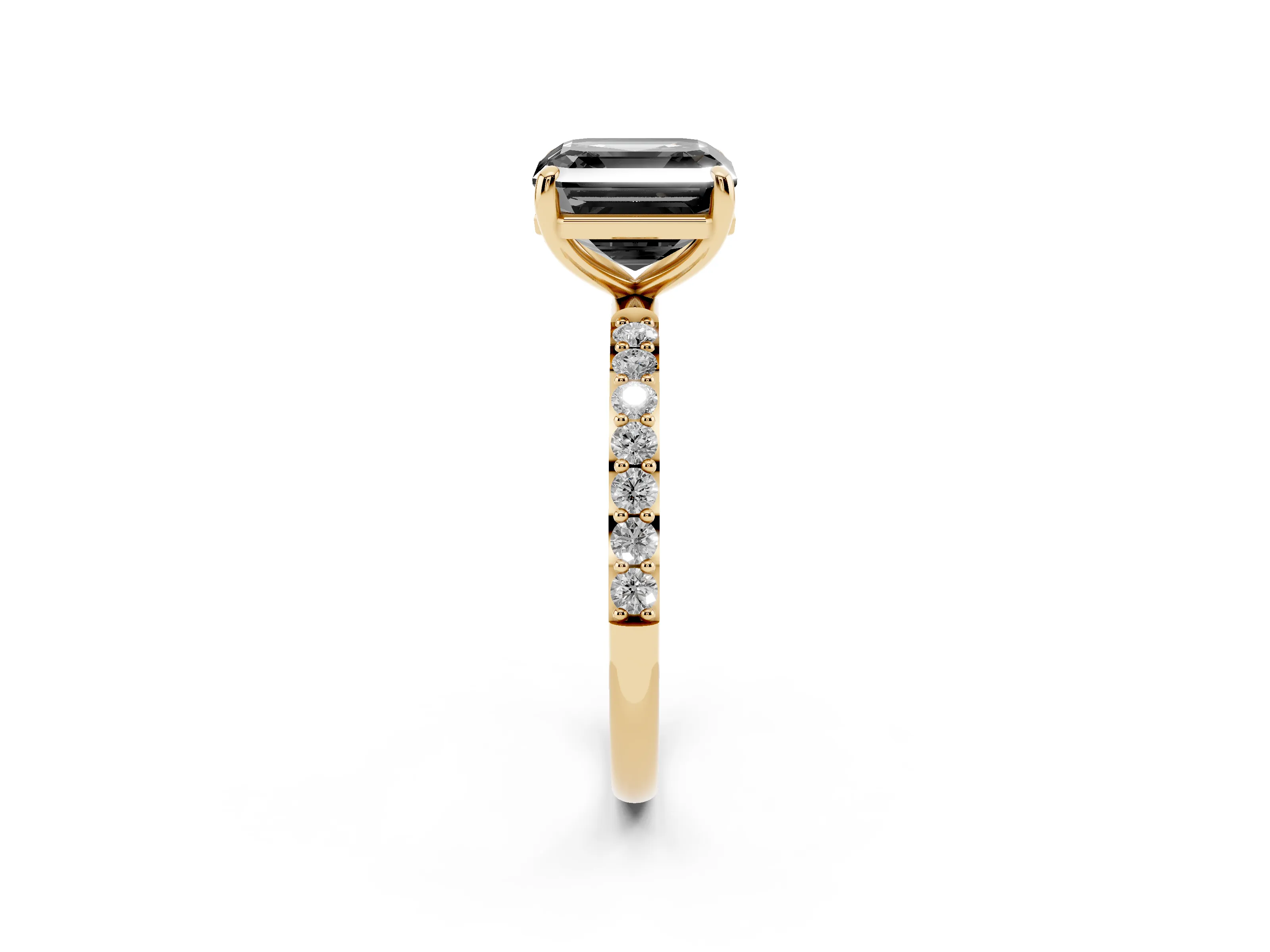 Fancy Black Asscher Cut Diamond Solitaire Ring Set in Yellow gold with Round Pavé Band and Prong Setting