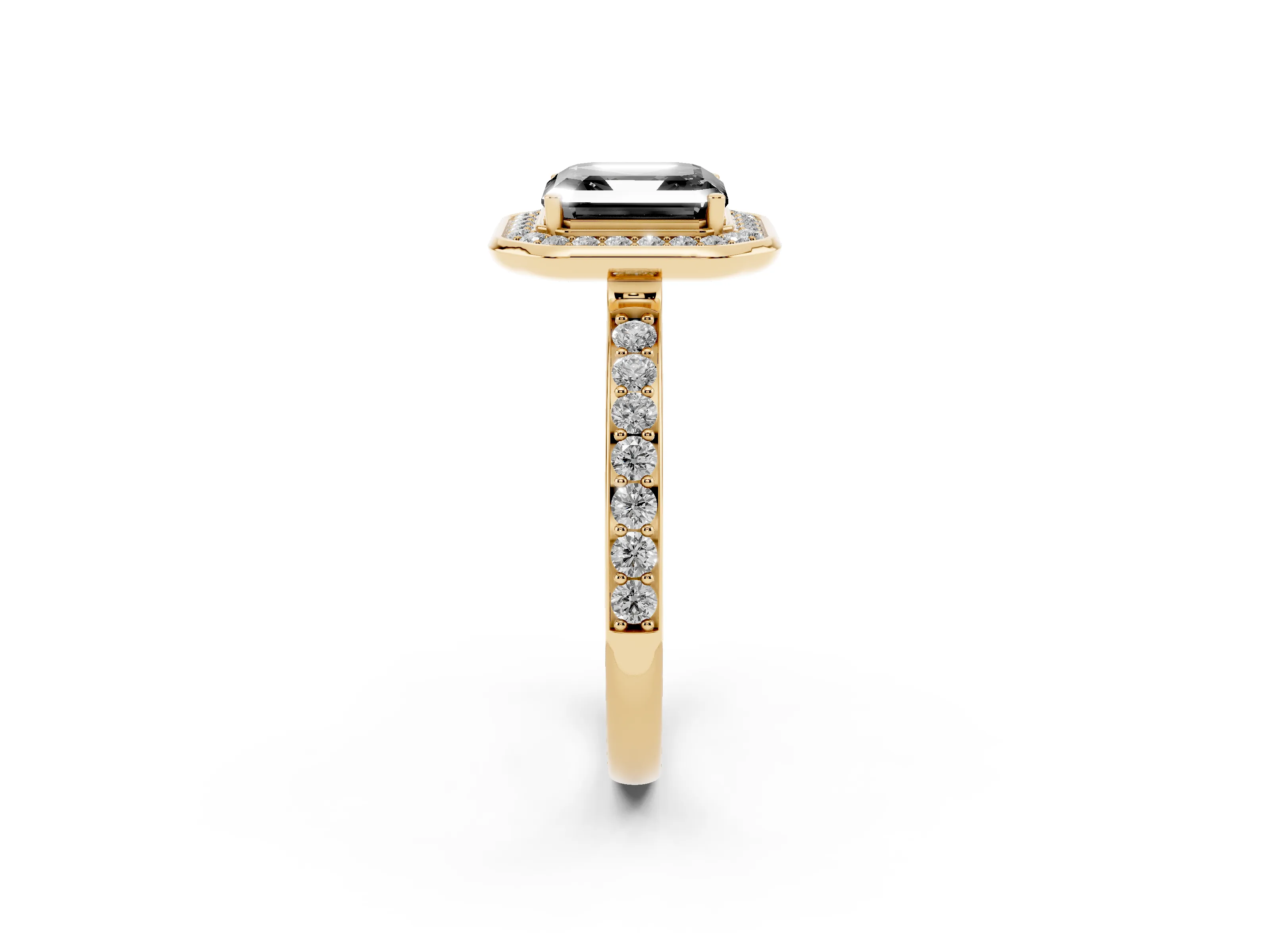 Fancy Black Asscher Cut Diamond Halo Ring Set in Yellow gold with Bezel Frame and Pavé Band
