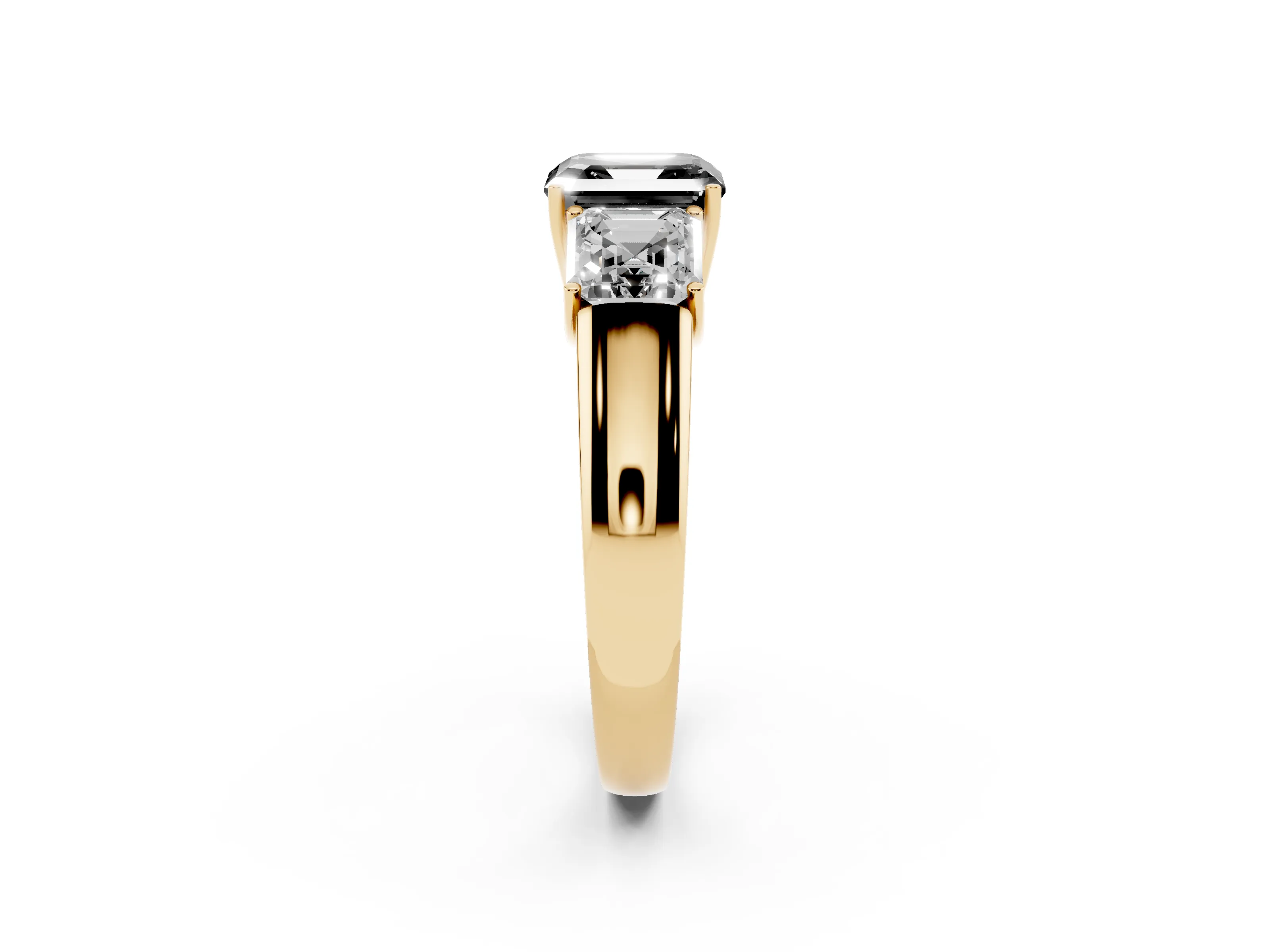 Fancy Black Three-Stone Asscher Cut Diamond Ring Set in Yellow gold with Matching Prong Settings and Plain Band