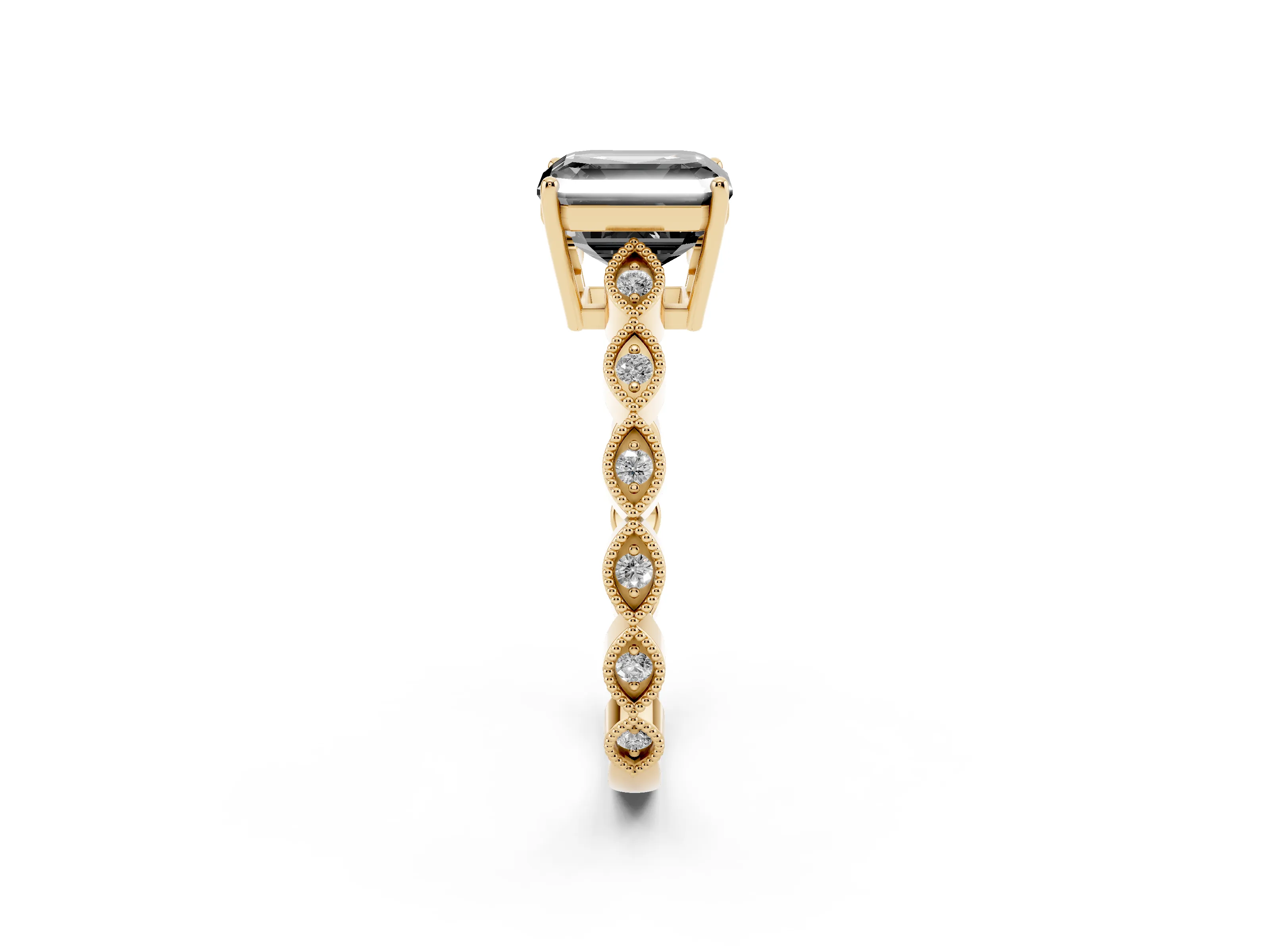 Fancy Black Asscher Cut Diamond Solitaire Ring Set in Yellow gold with Infinity Twist Pavé Band