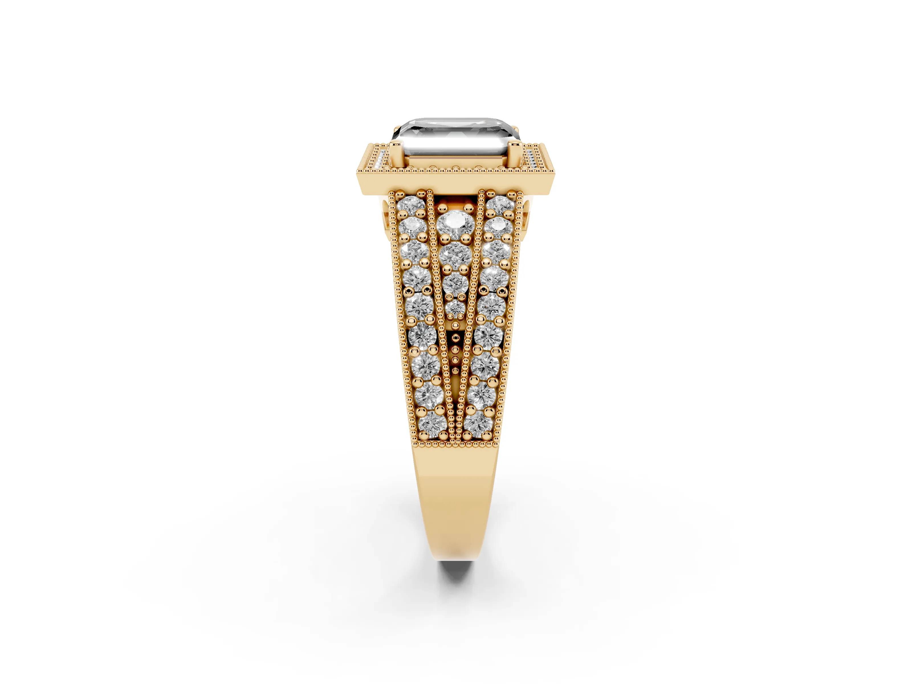 Fancy Black Asscher Cut Diamond Halo Ring Set in Yellow gold with Accent Split Shank and Prong Setting