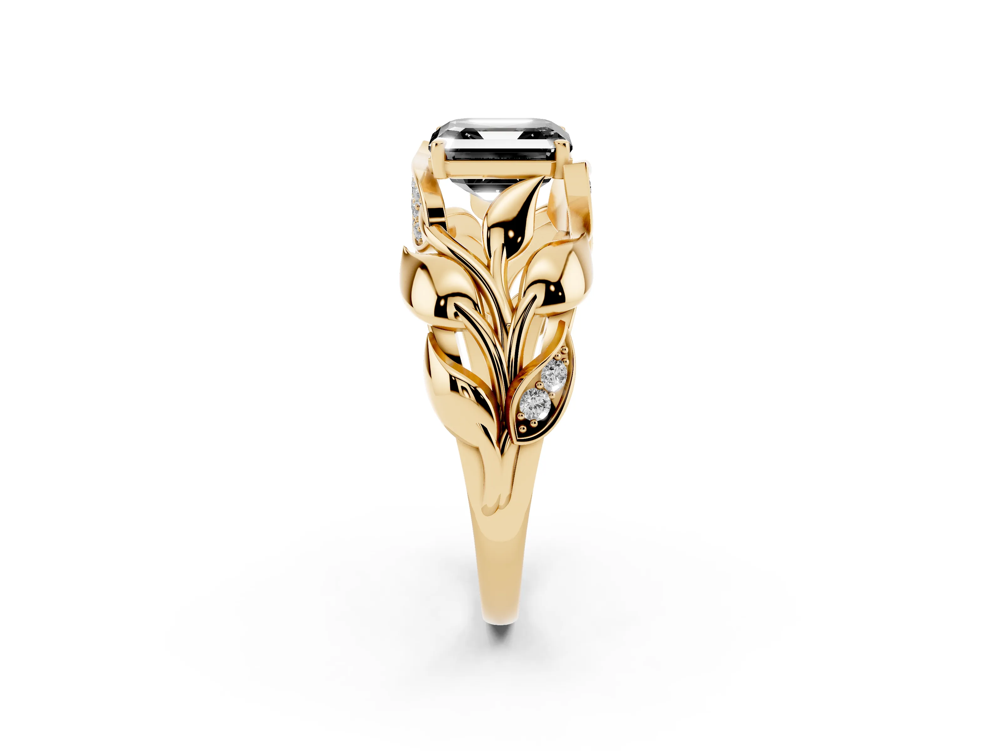 Fancy Black Asscher Cut Diamond Leaf-Inspired Engagement Ring Set in Yellow gold with Round Accents