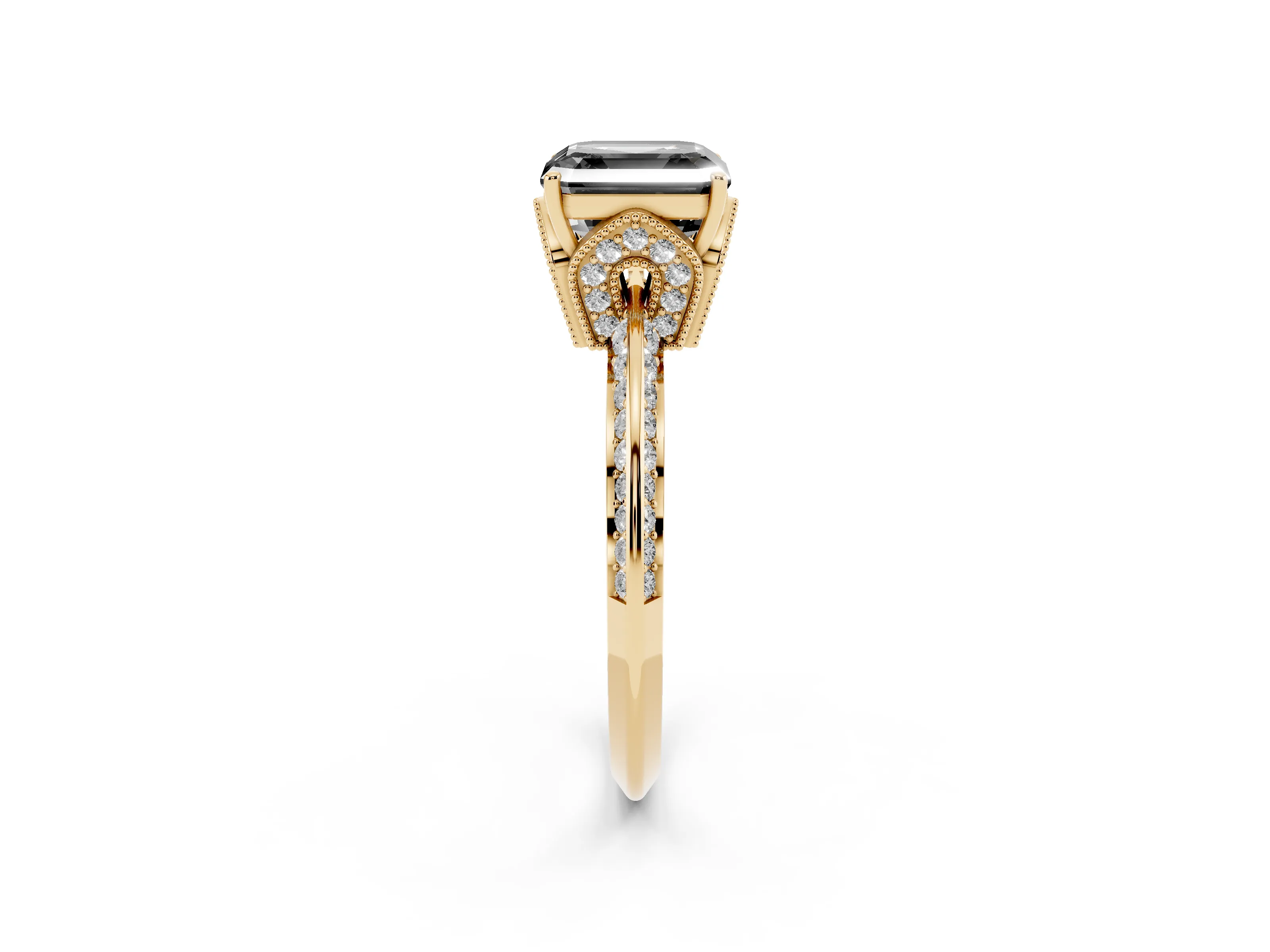 Fancy Black Asscher Cut Diamond Solitaire Engagement Ring Set in Yellow gold with Pavé Split Shank and Prong Setting